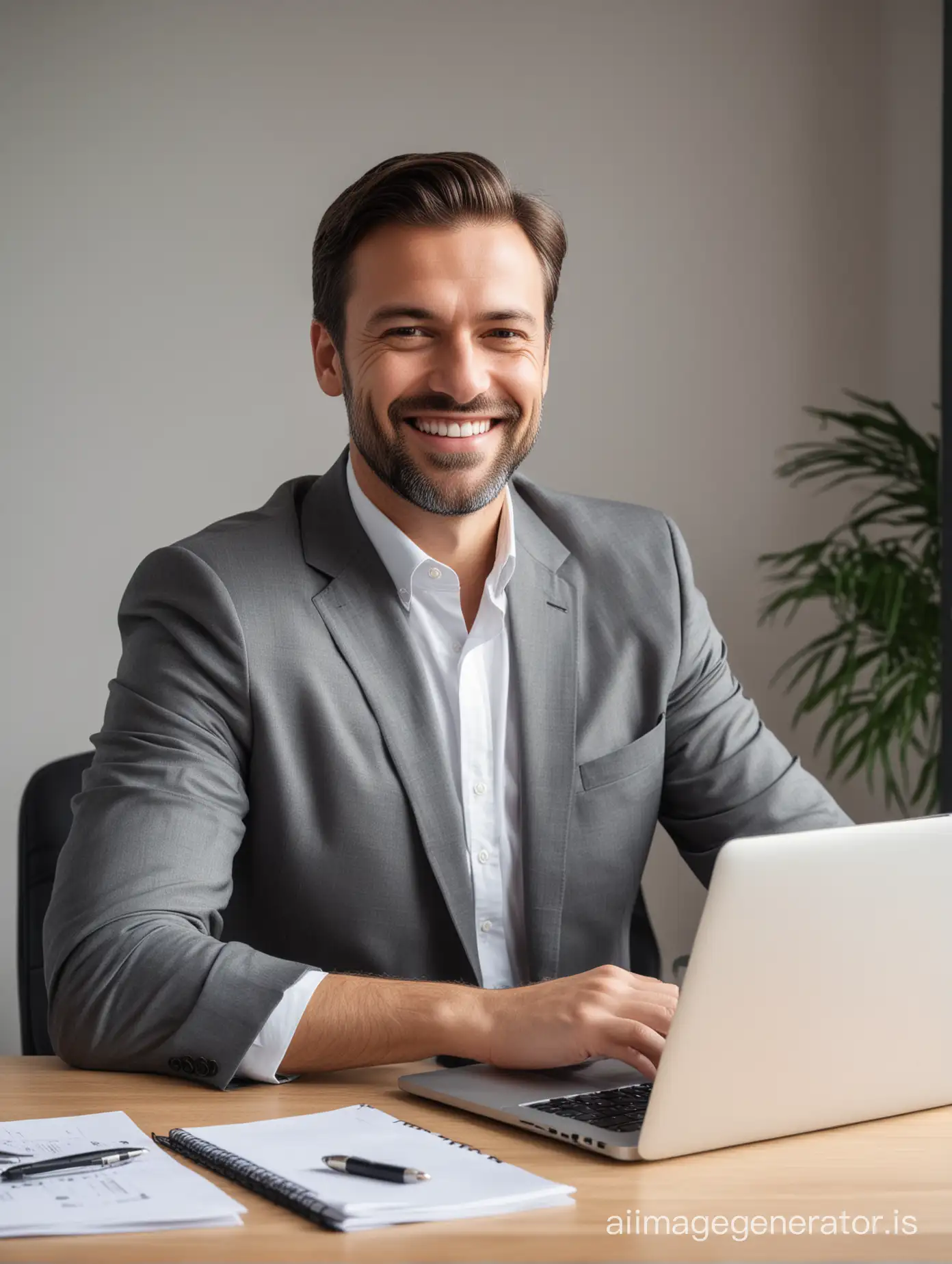 Directeur d'entreprise assit derrière son bureau et serein et souriant devant un laptop
