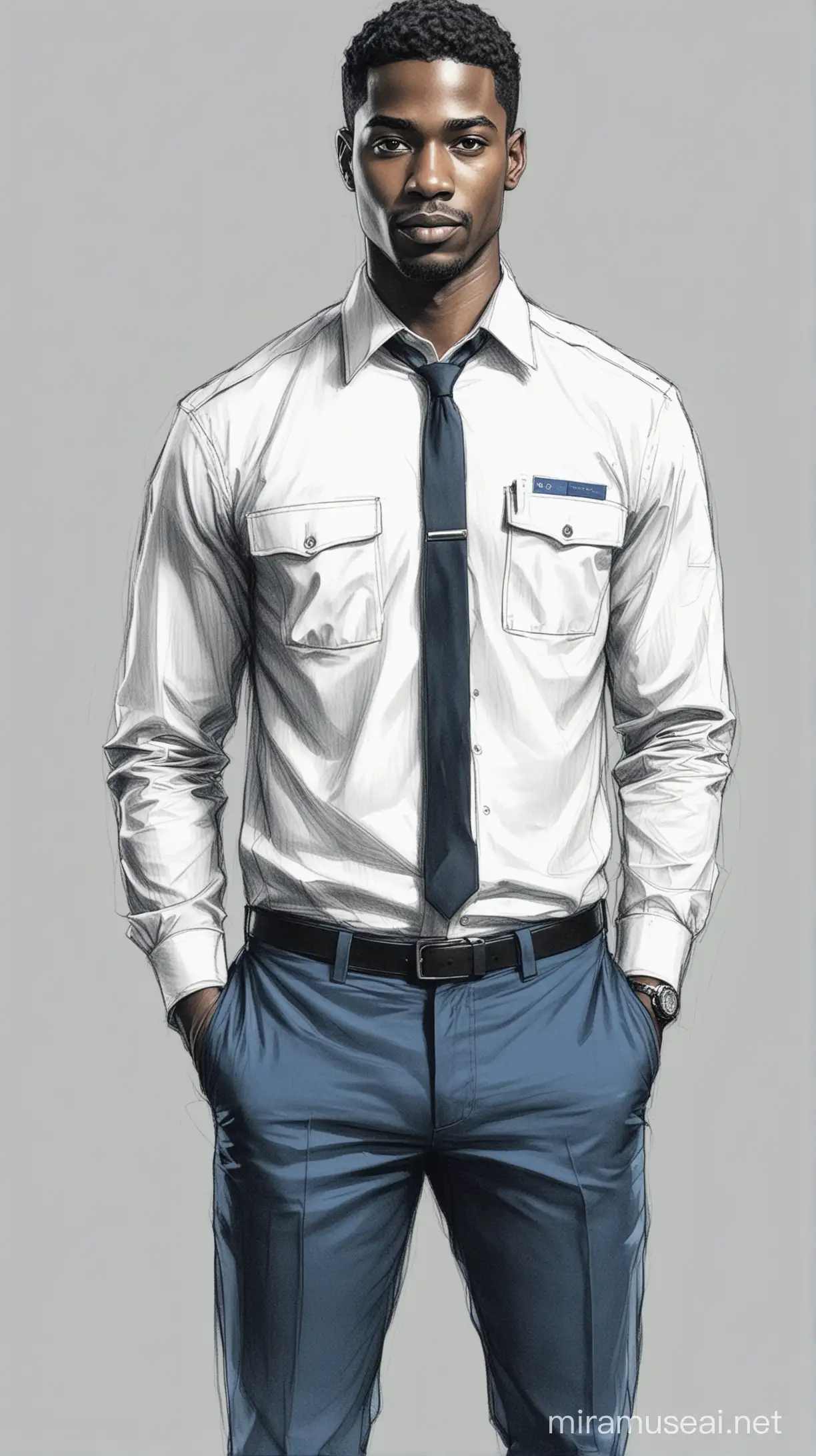 Dessin au trait tenue agent de surété noir aéroport chemise blanche avec deux poche et pantalon bleu de nuit