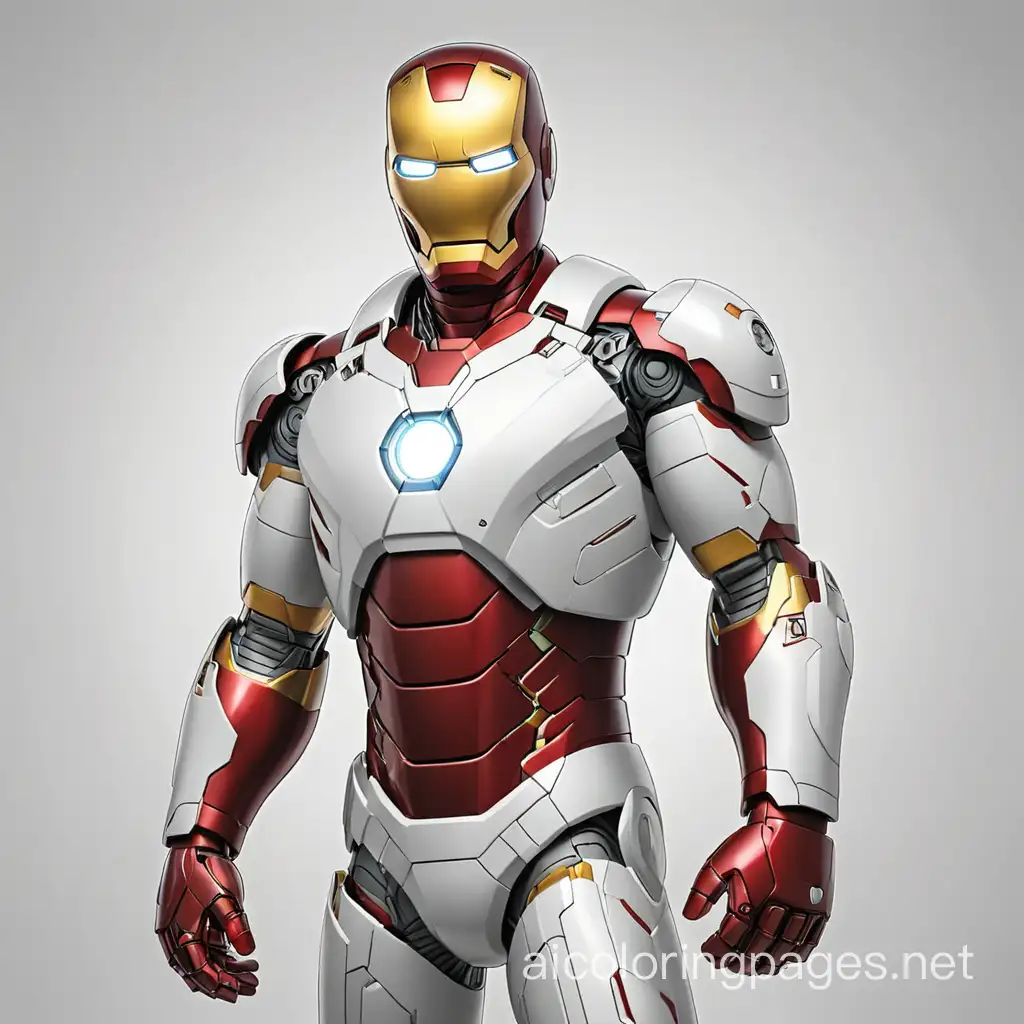 Iron Man colourized, Coloring Page, black and white, line art, white background, Simplicity, Ample White Space. The background of the coloring page is plain white to make it easy for young children to color within the lines. The outlines of all the subjects are easy to distinguish, making it simple for kids to color without too much difficulty