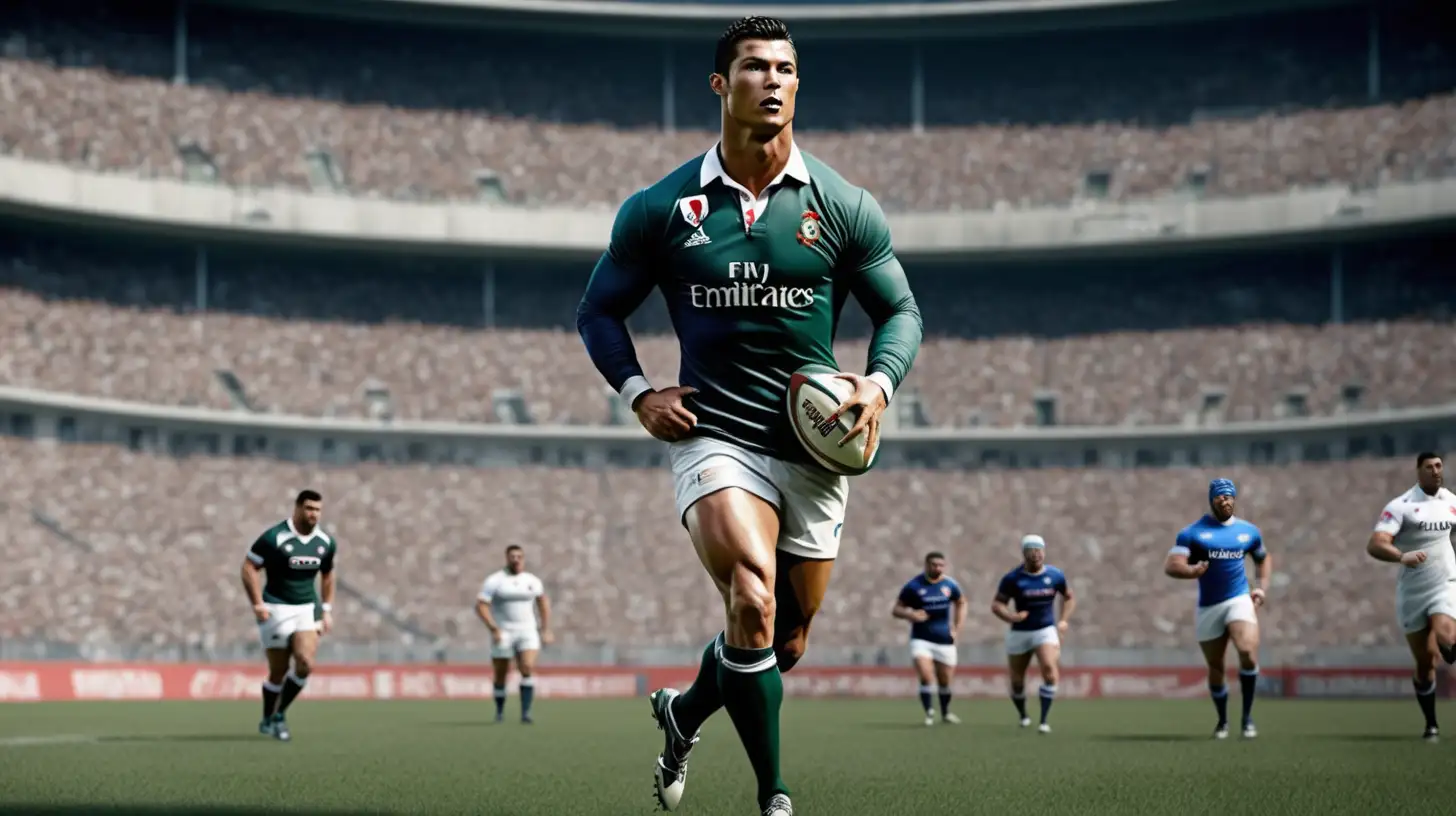 Full body, Cristiano Ronaldo is playing rugby, rugby stsdium background, loads of fans watching, realistic, ar 2: 1 --v 5