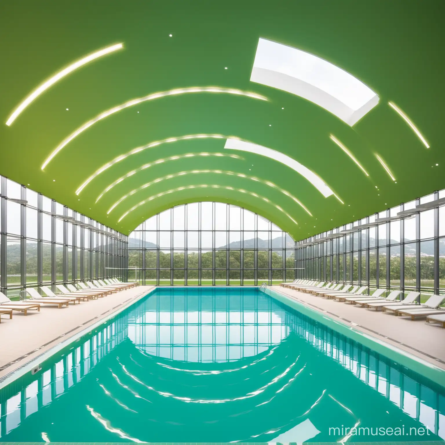 An indoor swimming pool with associated wellness. It must be a green building where you can see it inside by the 50 m pool