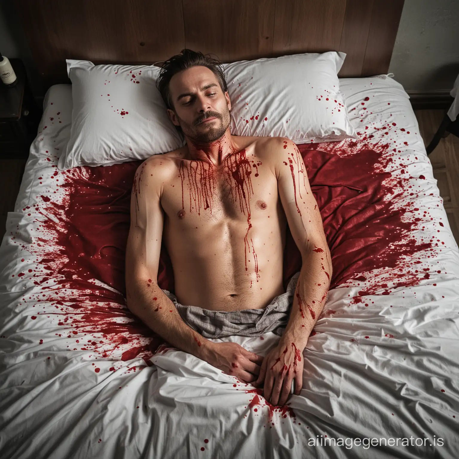 en død mand i sin seng med blod over det hele