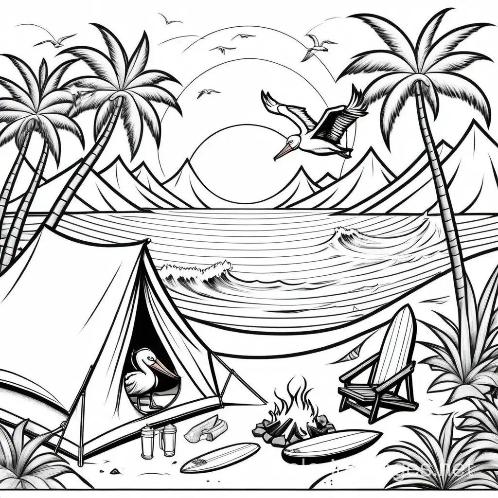 camping by a tropical beach, tent, surfboard, campfire, sunset and surfing, pelicans and seagulls  (the-great-outdoors theme), Coloring Page, black and white, line art, white background, Simplicity, Ample White Space. The background of the coloring page is plain white to make it easy for young children to color within the lines. The outlines of all the subjects are easy to distinguish, making it simple for kids to color without too much difficulty