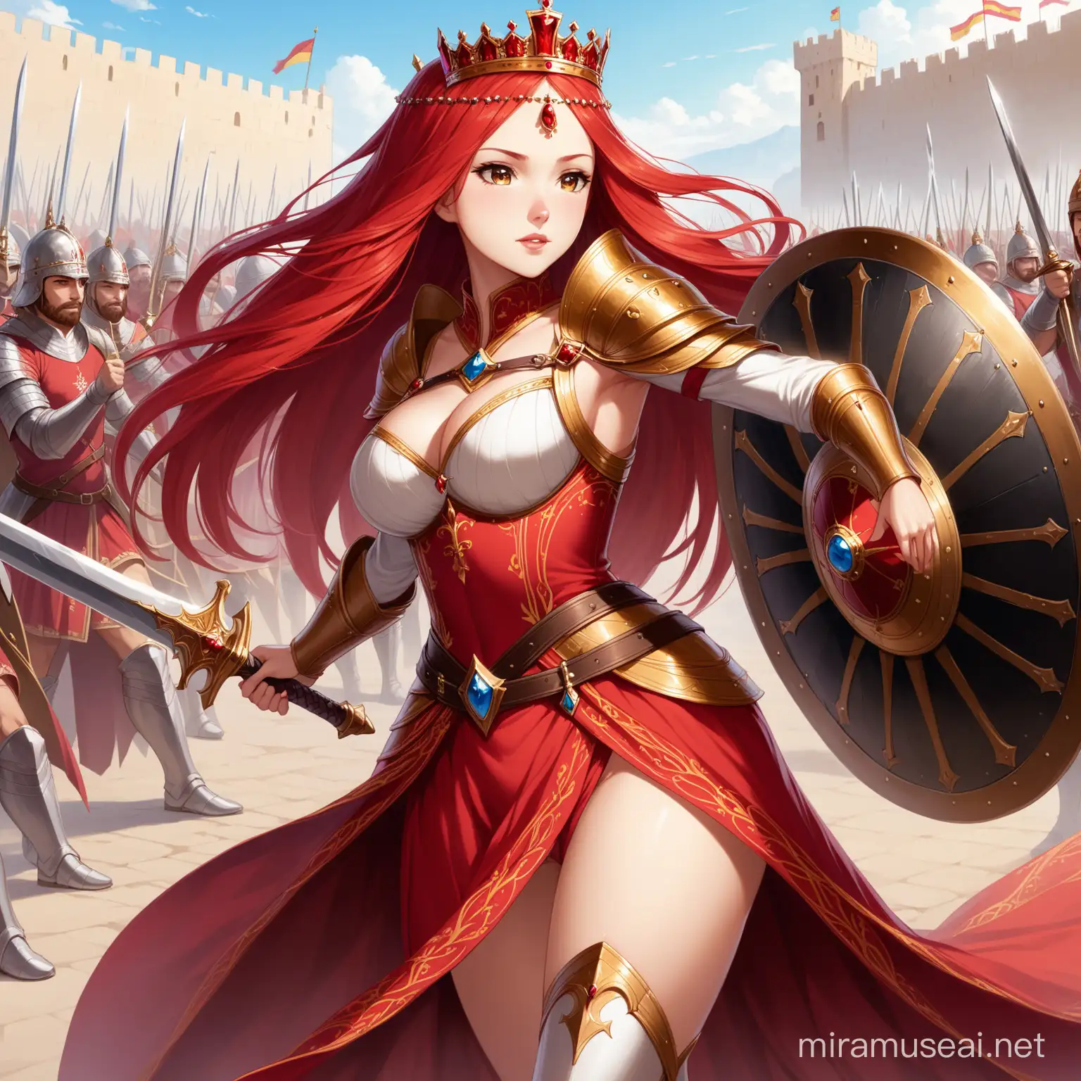 Royal Queen Warrior in Red Dress and Crown Dueling with Sword and Shield