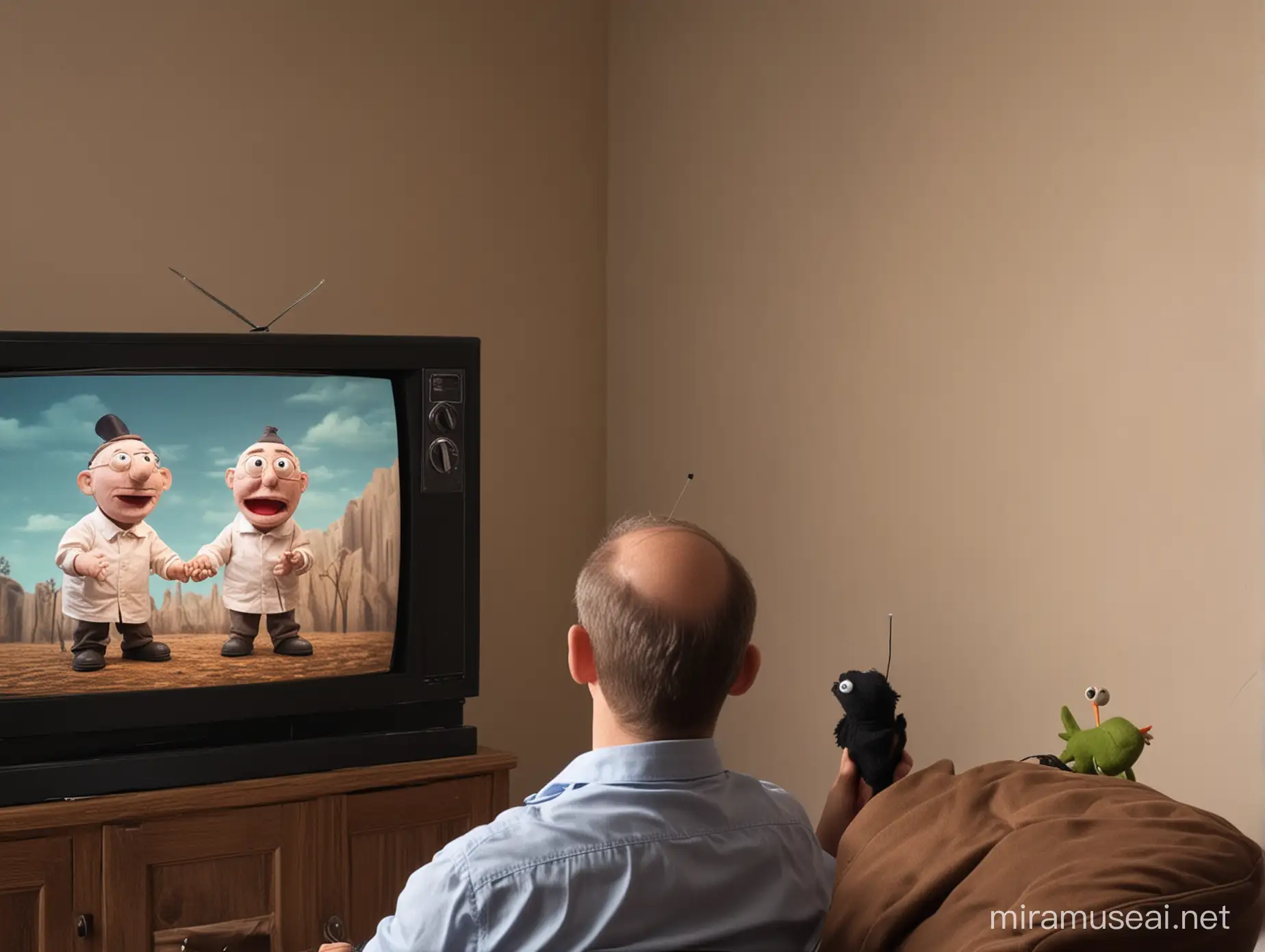 a person watching television with a puppet show on it, has a puppet show in his brain