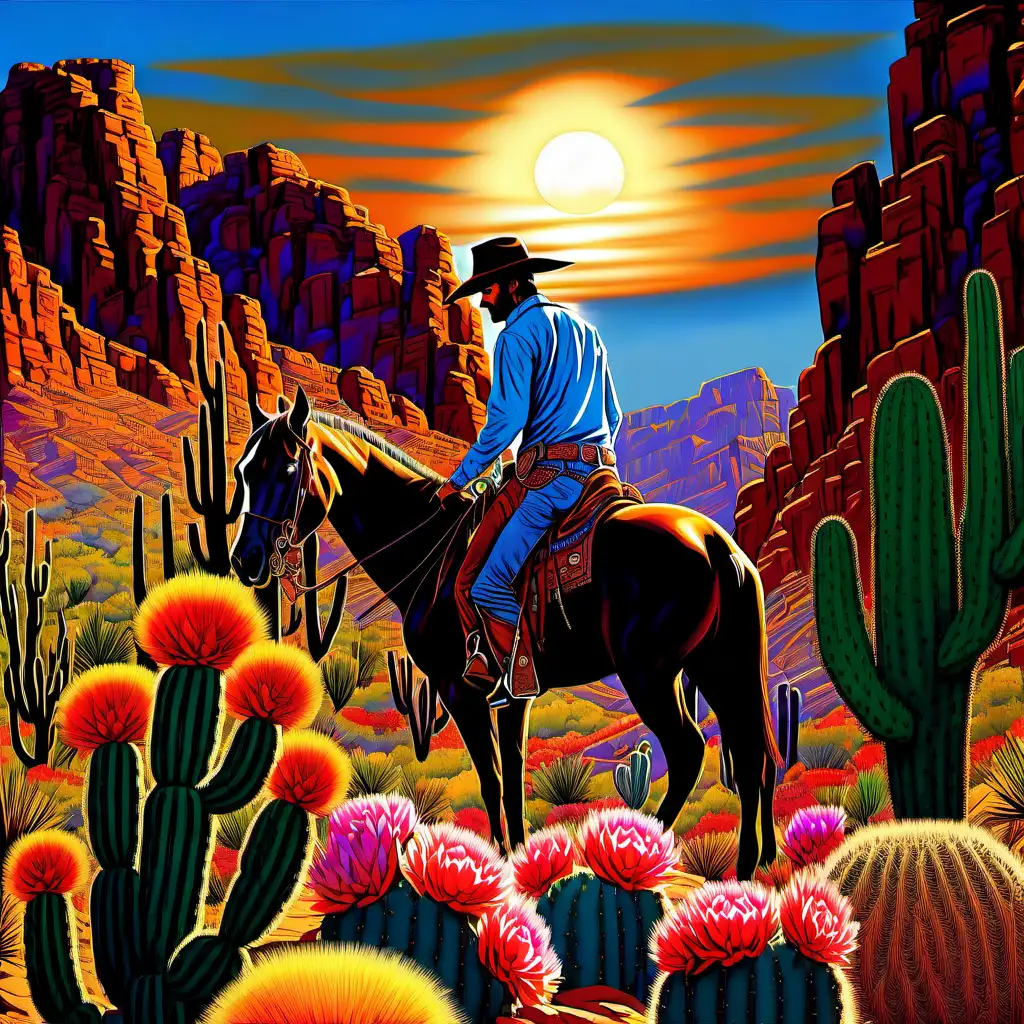 Arizona Cowboy Riding Amidst Blooming Cacti at Sunset