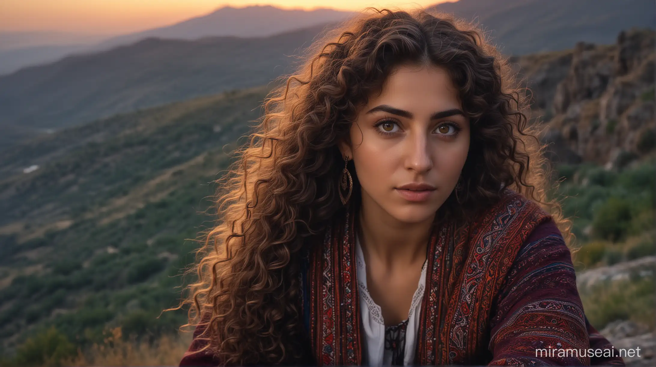 3/4 ultra detailed artistic photo of armenian woman, long curly hair, perfect eyes, traditional armenian clothes, sitting at twilight mountains,  large depth of field, deep depth of field, highly detailed, highly detailed, 8k sharp focus, ultra photorealism