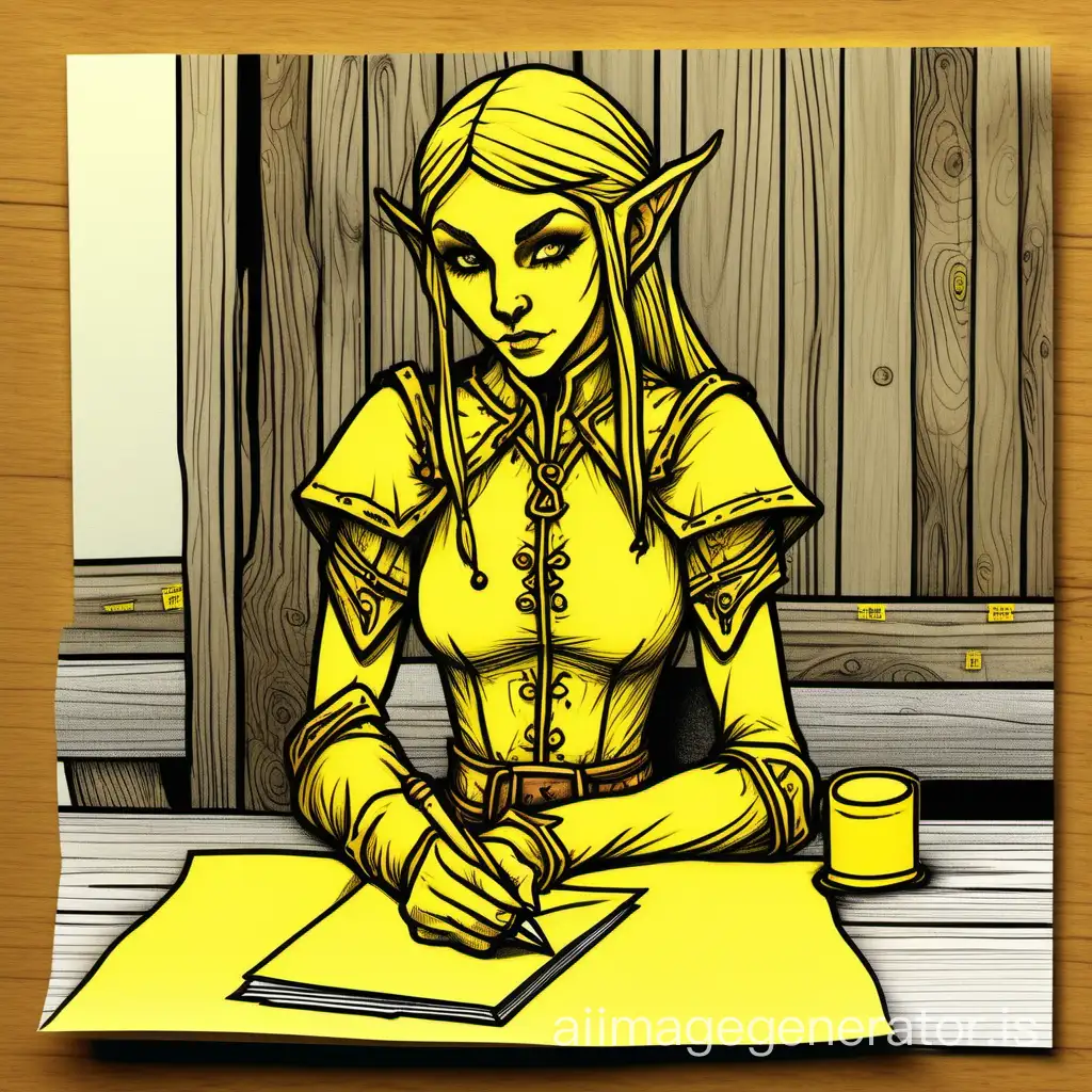 D&D, attractive female elf, medium chest, fantasy medieval clothing, character drawn on a single yellow sticky note from the waist up. Style is simple line drawing, drawn with a ballpoint pen on a yellow sticky note. The sticky note is on a wooden table and is surrounded by other sticky notes with previous attempts at drawing the same character.