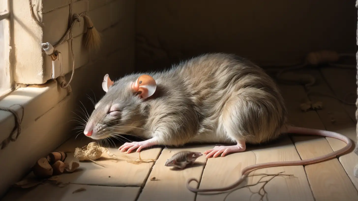 epoque biblique, un gros rat mort avec les yeux fermés, allongé dans le coin d'une maison 