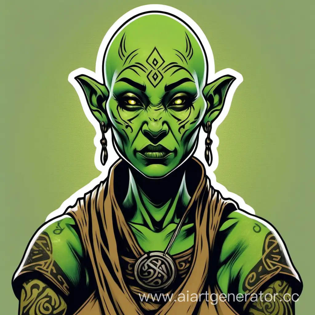 bald female half orc monk with tattoed head, only one ear, green skin and scared face