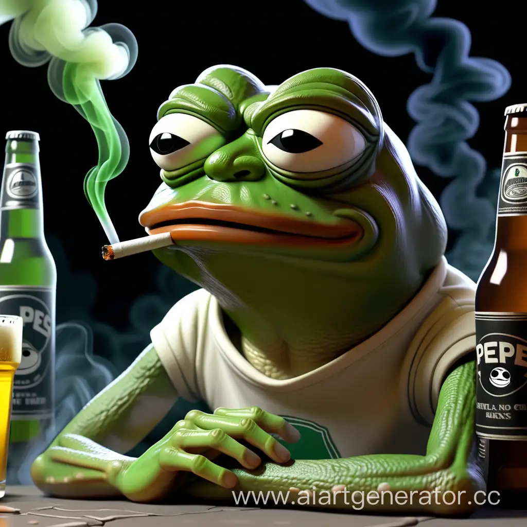 грустный лягушонок пепе размышляет о смысле жизни, курит и пьёт пиво 