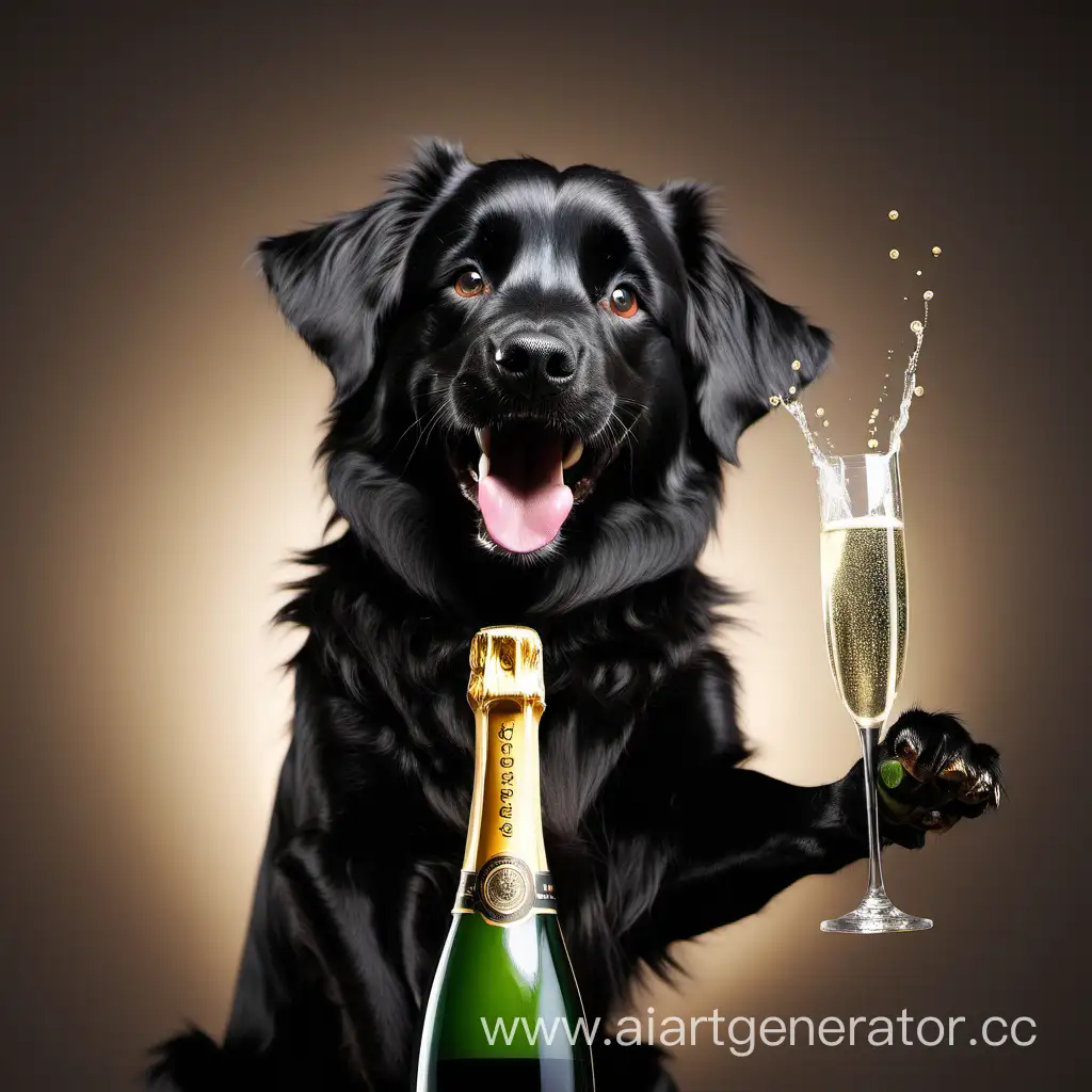 Счастливый очень Лохматый черный пес открывает шампанское