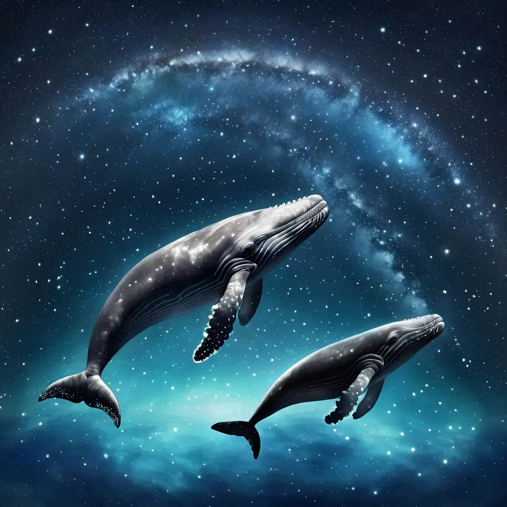 Create a picture a mama whale and a baby whale swimming across space in the stars