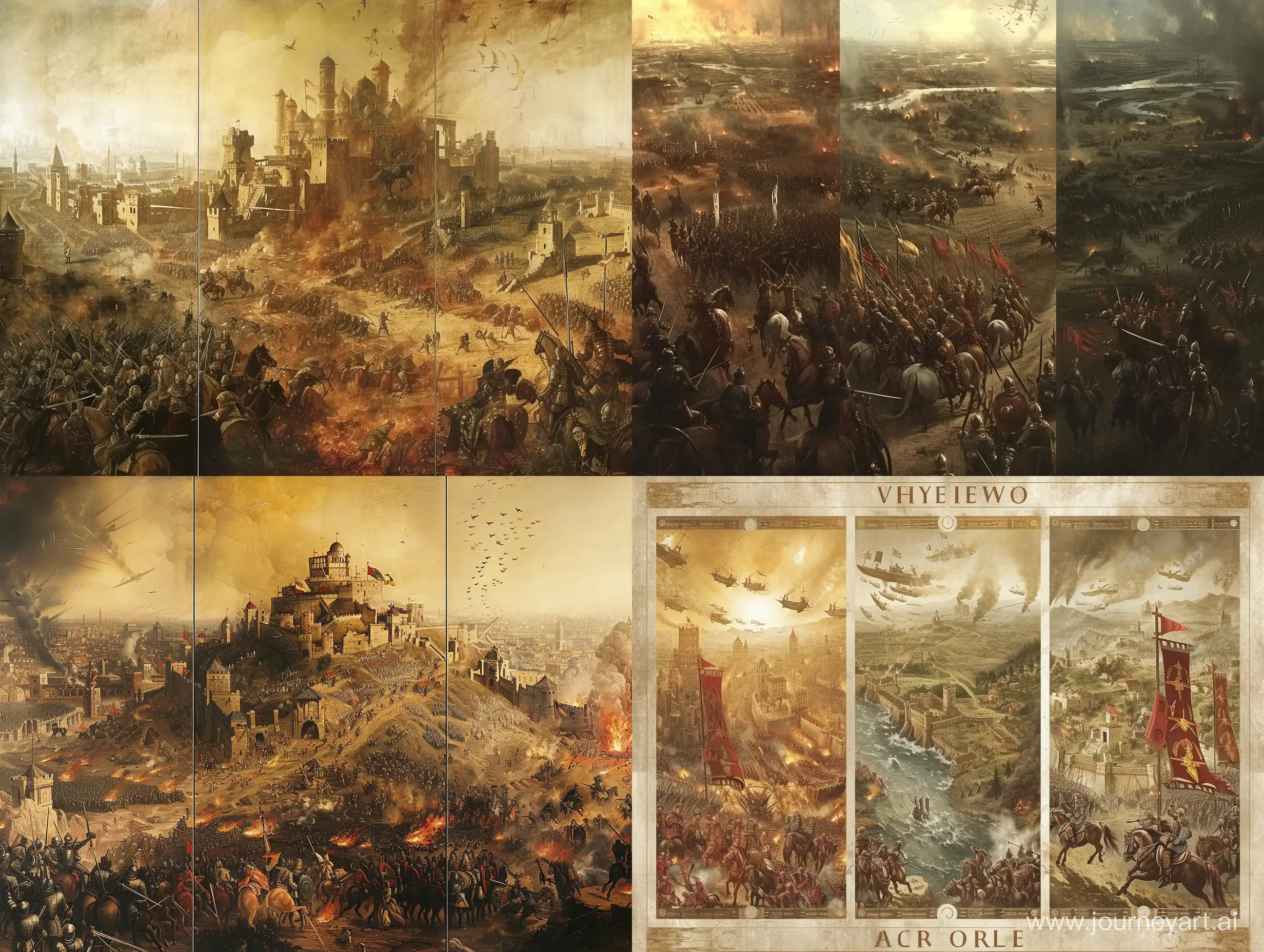 Античная война, средневековая война, современная война показаны слево направо, поделено на 3 части
