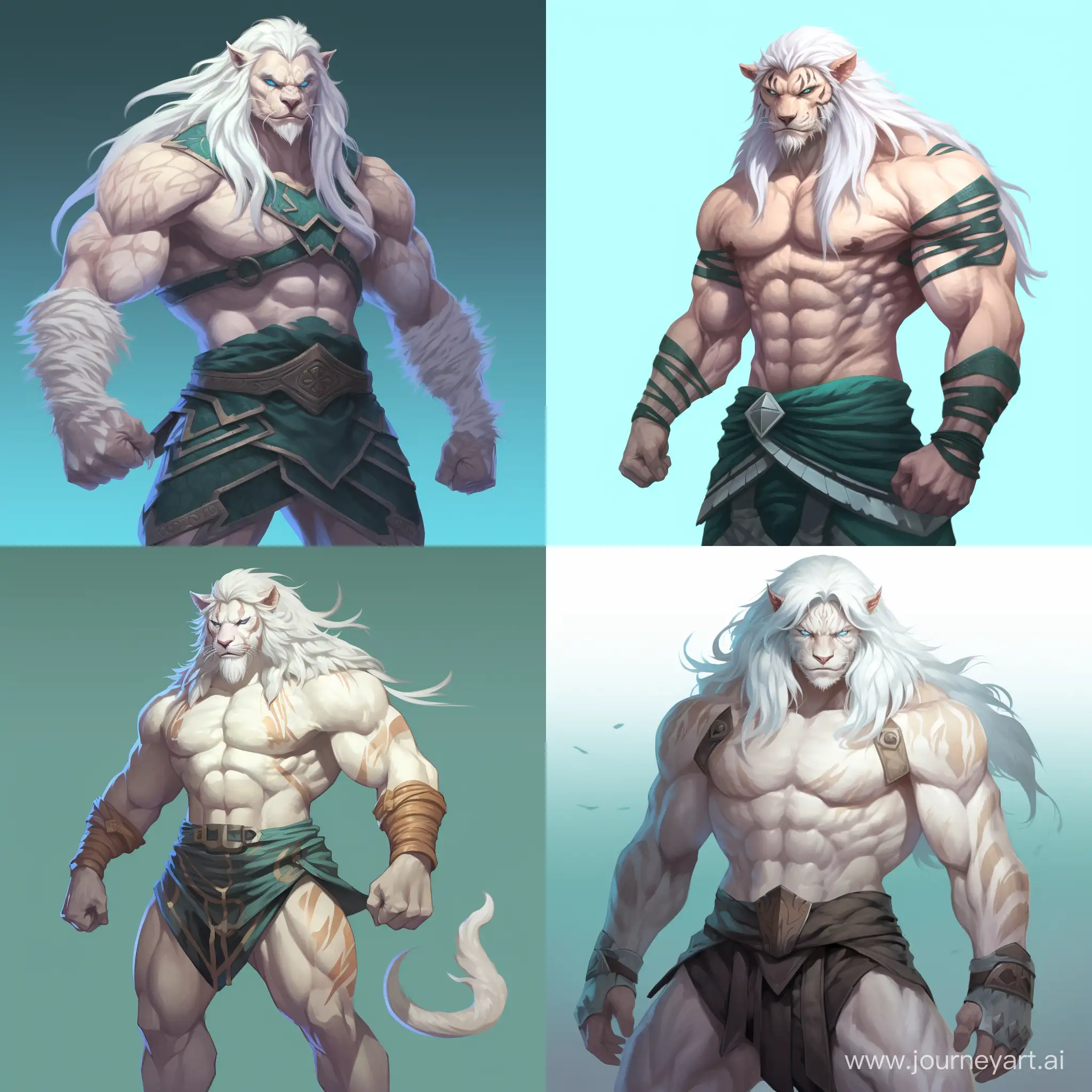 Muscular white tiger, cel shade, wearing shorts, long cyan hair, furry