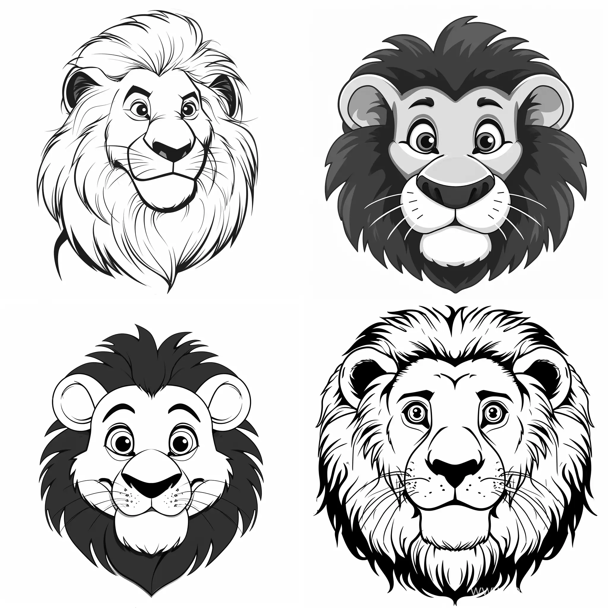 face of  a lion cartoon black and white color