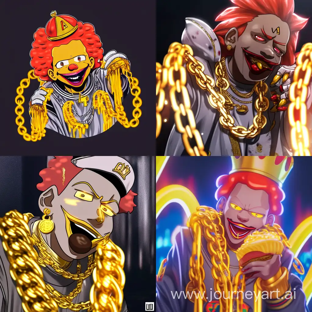Ronald mcdonald as a rapper with gold teeth and gold chains