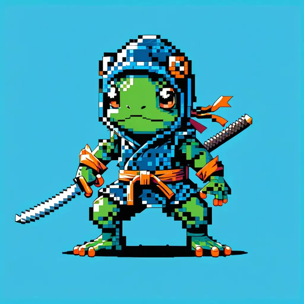 Pixel Frog Ninja on Blue Background