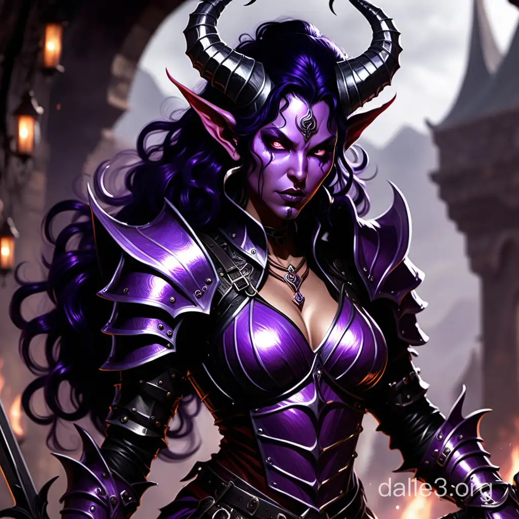 a tiefling with long, wavy purplish-black hair cascading down their back. Their lavender eyes gleam with intensity, reflecting their determination in battle. Their purplish skin adds an otherworldly aura to their appearance, hinting at their fiendish ancestry. Clad in sturdy armor, they wield their weapon with grace and strength, ready to face any challenge that comes their way.