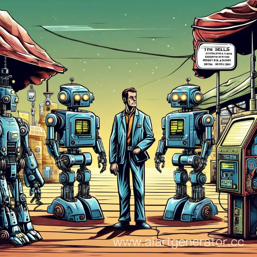 мужчина продает роботов, научная фантастика