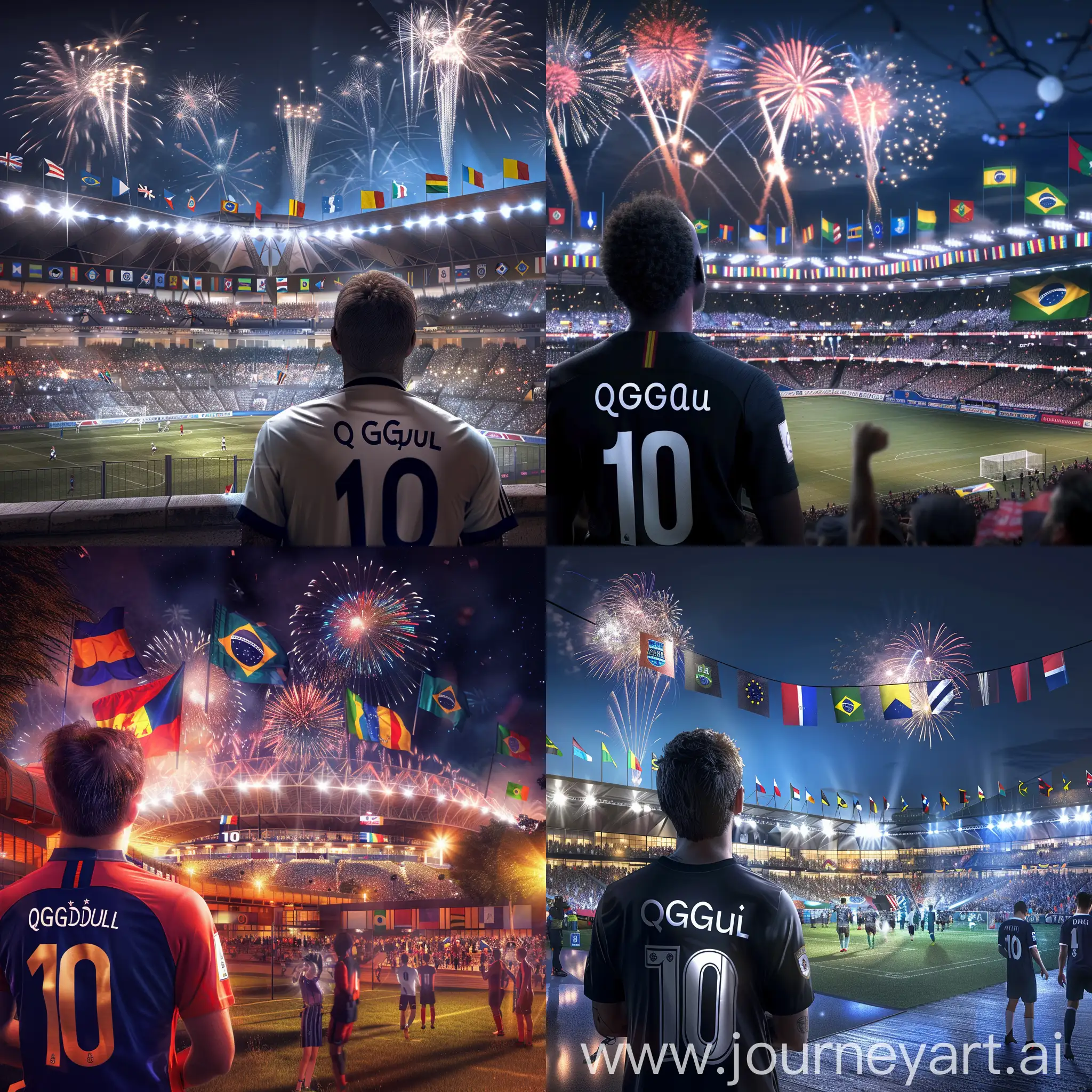 4K image of a passionate football fan in a number 10 jersey named 'QGduFootball', gazing at a distant lively stadium. Scene transitions to night with fireworks above the stadium. Stadium's stands display flags of France, Brazil, Argentina, Morocco, Netherlands, Portugal, Croatia, and England, creating a diverse and exciting atmosphere