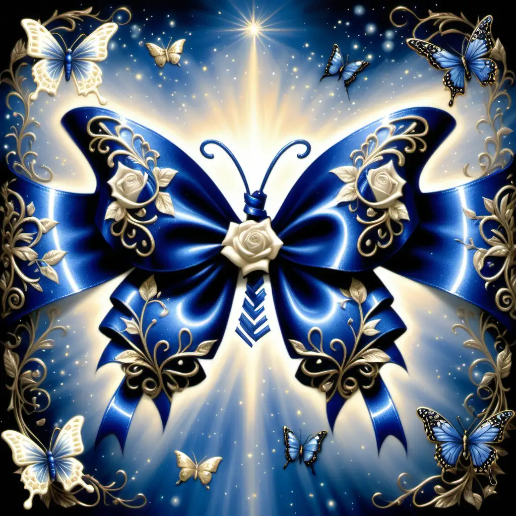 dark blue cancer ribbon, rose, butterfly, sparkle, glowing, glittery, glistening, filigree, Thomas Kinkade, Blue, black, white, gold