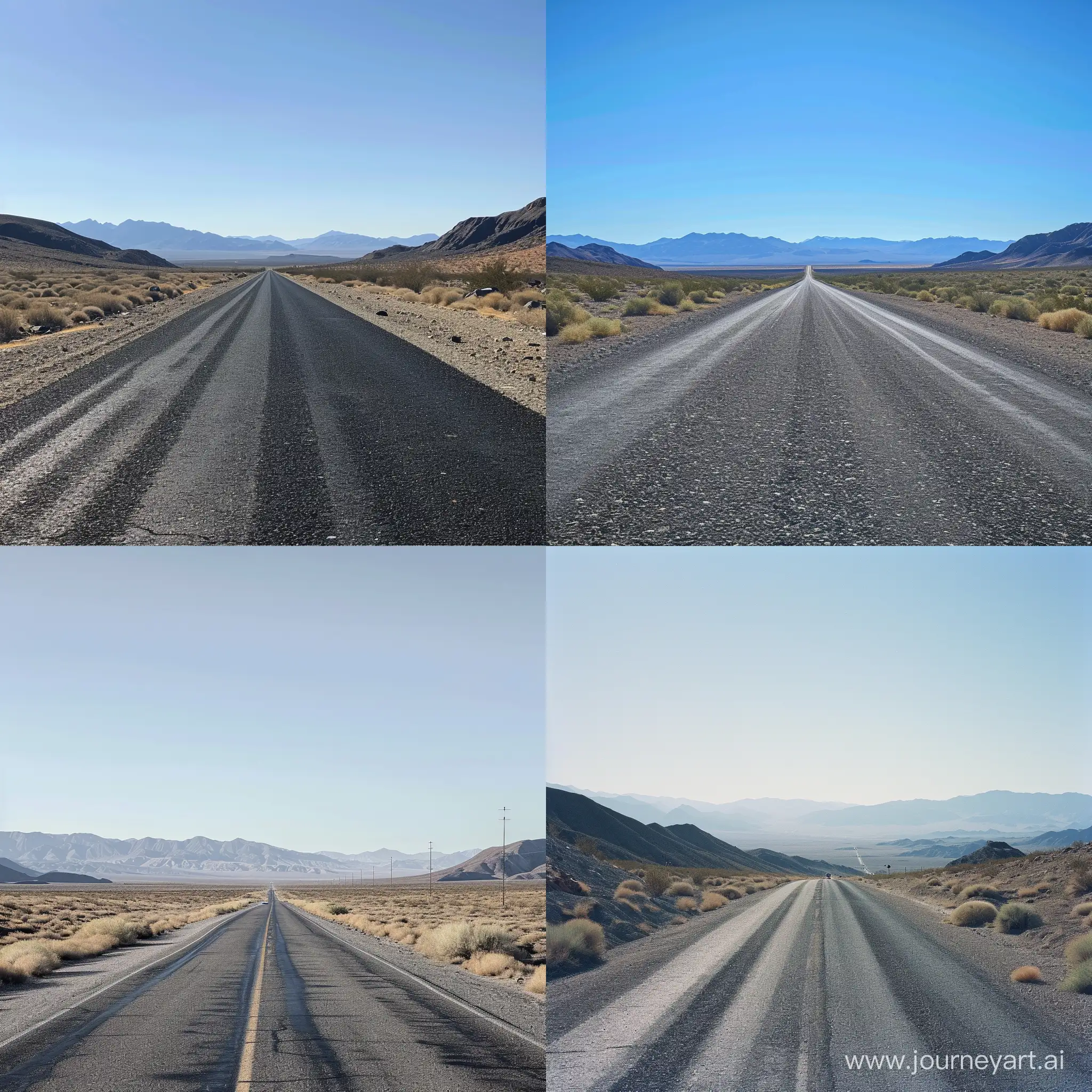 a 300km narrow road in nevada, there are almost no cars on that road, mountains can be seen far away, the sky is clear
