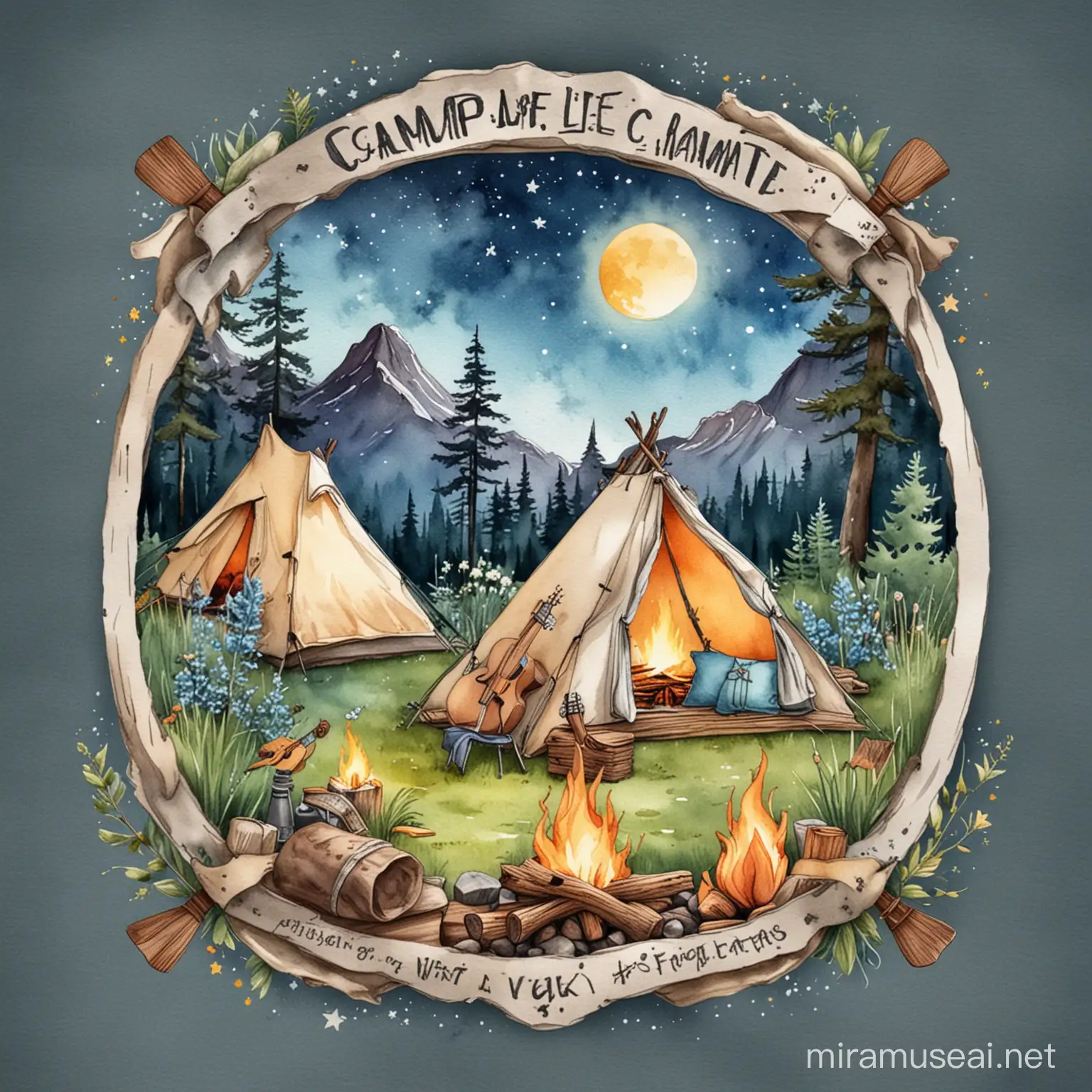 Camp Life Watercolor Sublimation Clipart with Black Outline . Create a flat 3D scene in a clean, simple style perfect for a bluegrass music festival t-shirt.  Use a white background and incorporate elements of a vibrant campsite scene, including a tent, campfire, musical instruments (guitar, banjo), and natural elements like lush blue grass and a starry night sky.  Use a watercolor painting style. Maintain a clean and professional aesthetic.  --v 5.2-