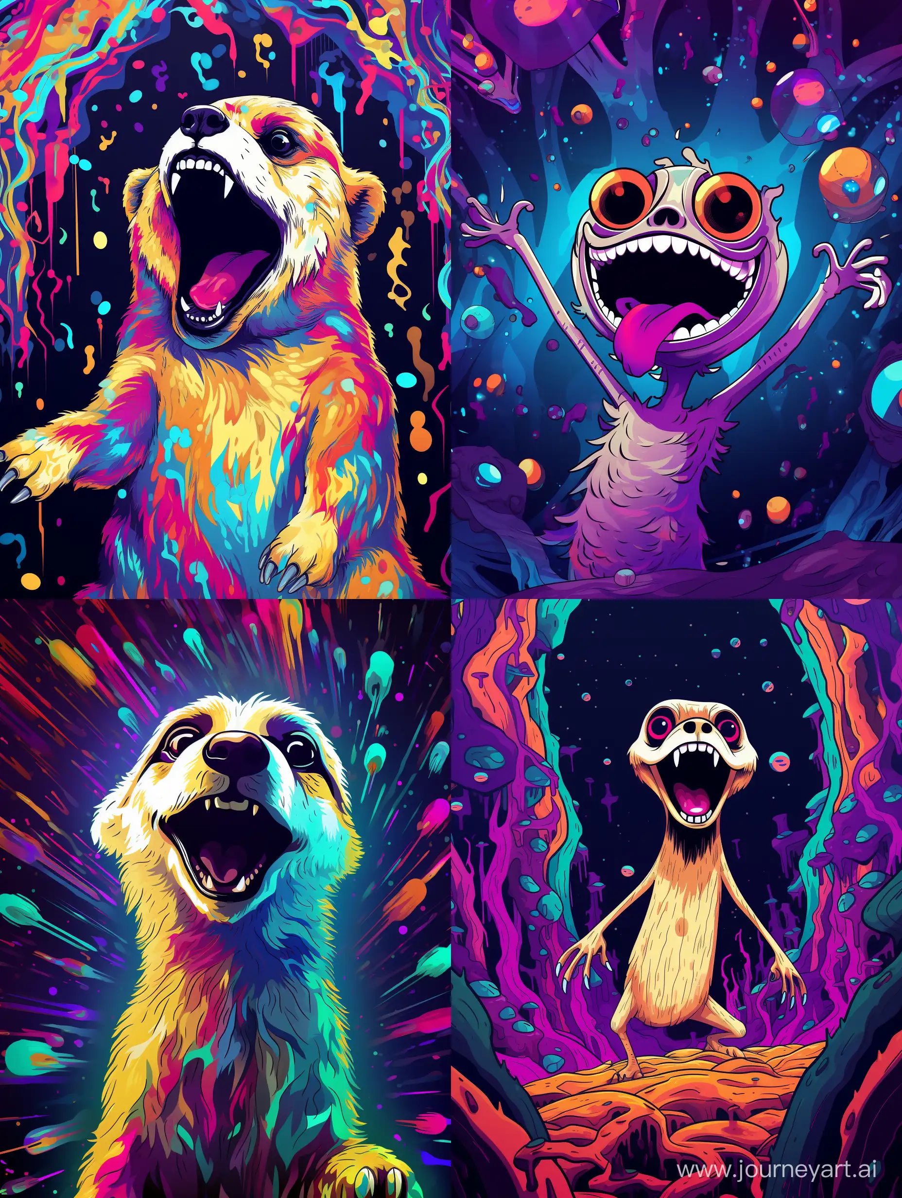 Funky Modern Happy Crazy Expression Full Body Trippy Meerkat. Golden Teeth. Galaxy and Fairies. Radiant Background. Flat Vector Art. High Resolution NTF Crypto Graphic. 