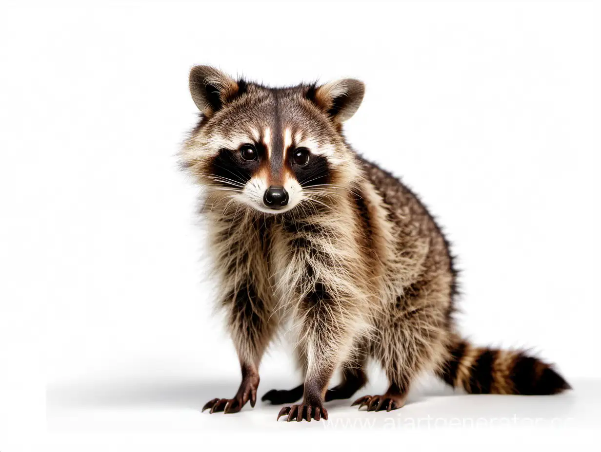 A cute little fluffy raccoon. In full growth. Brown eyes. White background