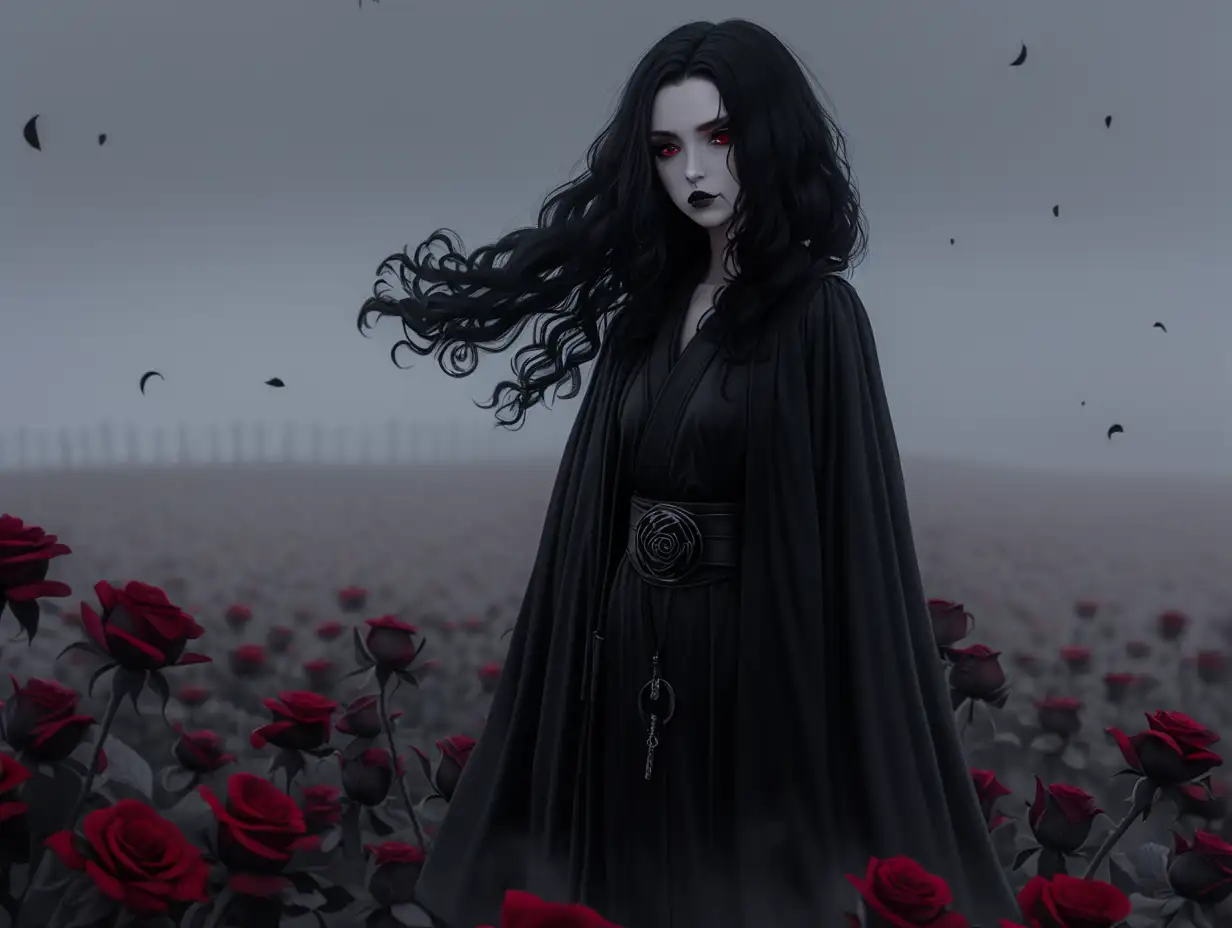 Black haired woman in black robes. goth, female, pale skin, long curly black hair, jedi, black makeup, streaking mascara, black jedi robes, black roses in her hair, saddened, standing in a foggy field of black roses, fantasy, no one in the background. Anime. Red eyes