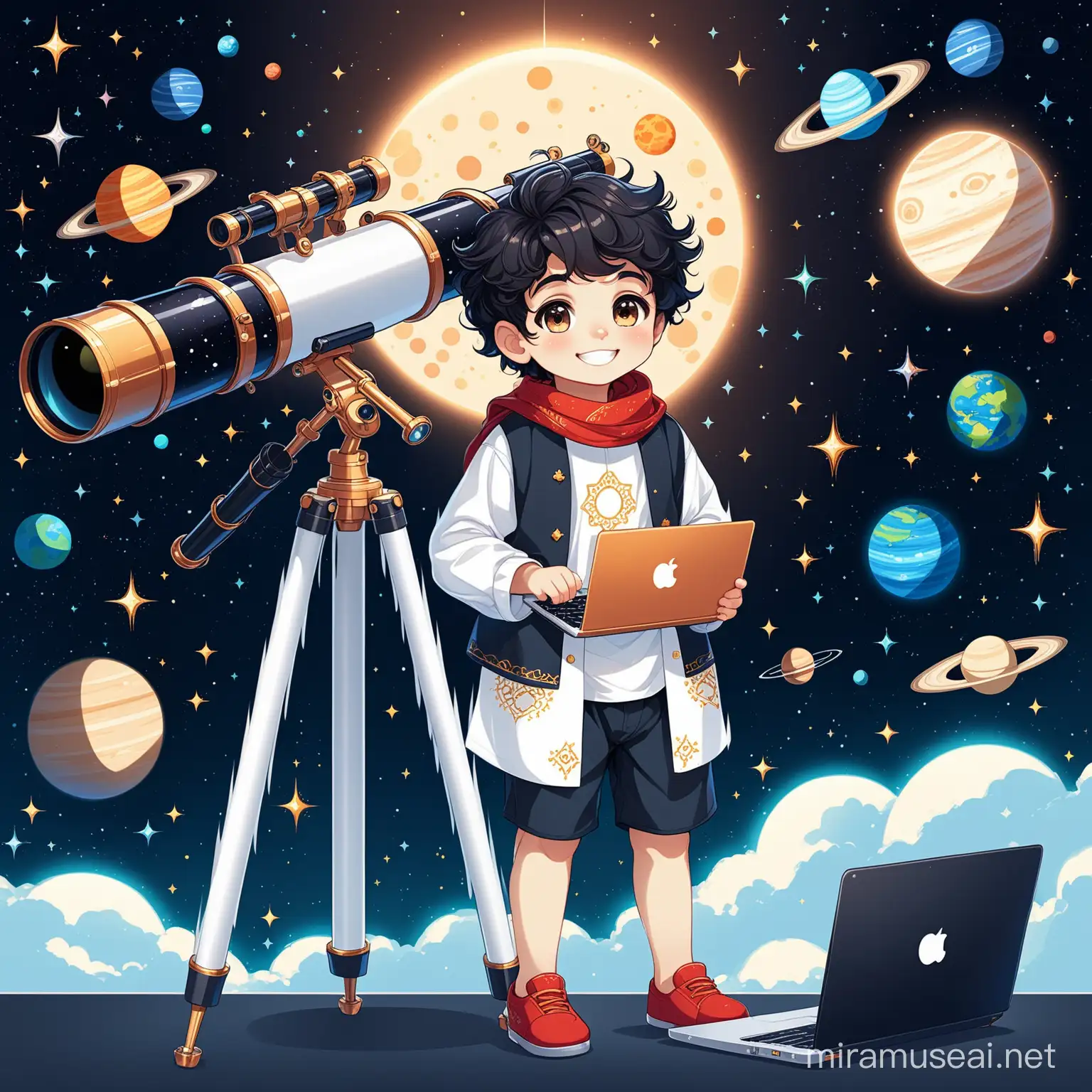 Smiling Persian Boy with Modern Telescope and Planetary Display