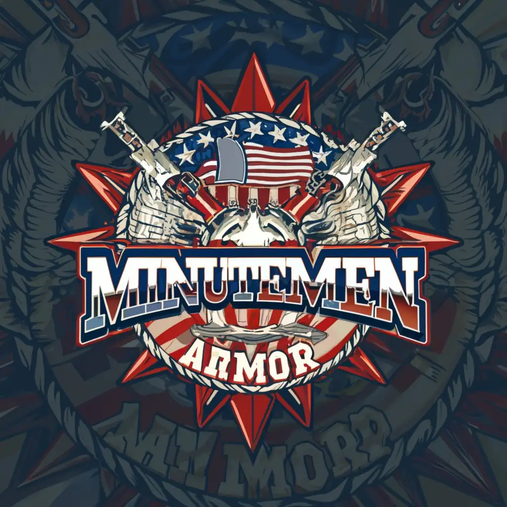 a logo design,with the text "MINUTEMEN ARMOR", main symbol:Military, red white blue,complex,clear background