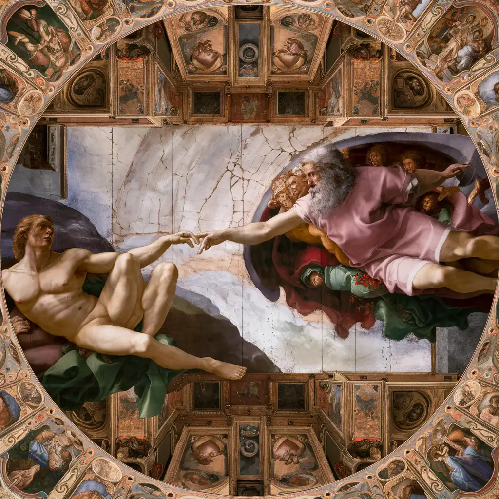 Michelangelos The Creation Of Adam Fresco God Reaches Out to Adam Touching Fingers in Celestial Brilliance