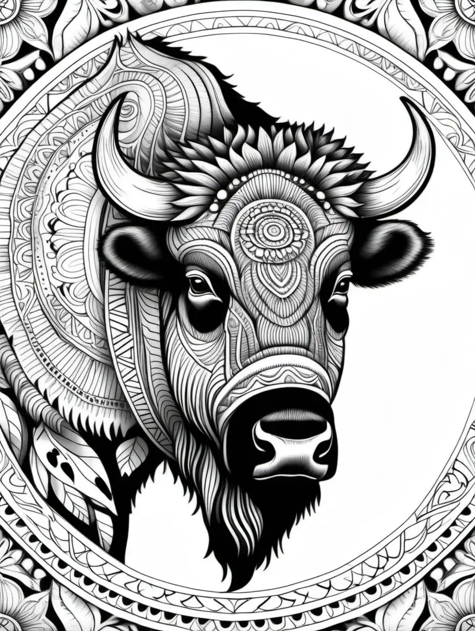 adult coloring book, mandala bison, high detail, black and white, not shading,