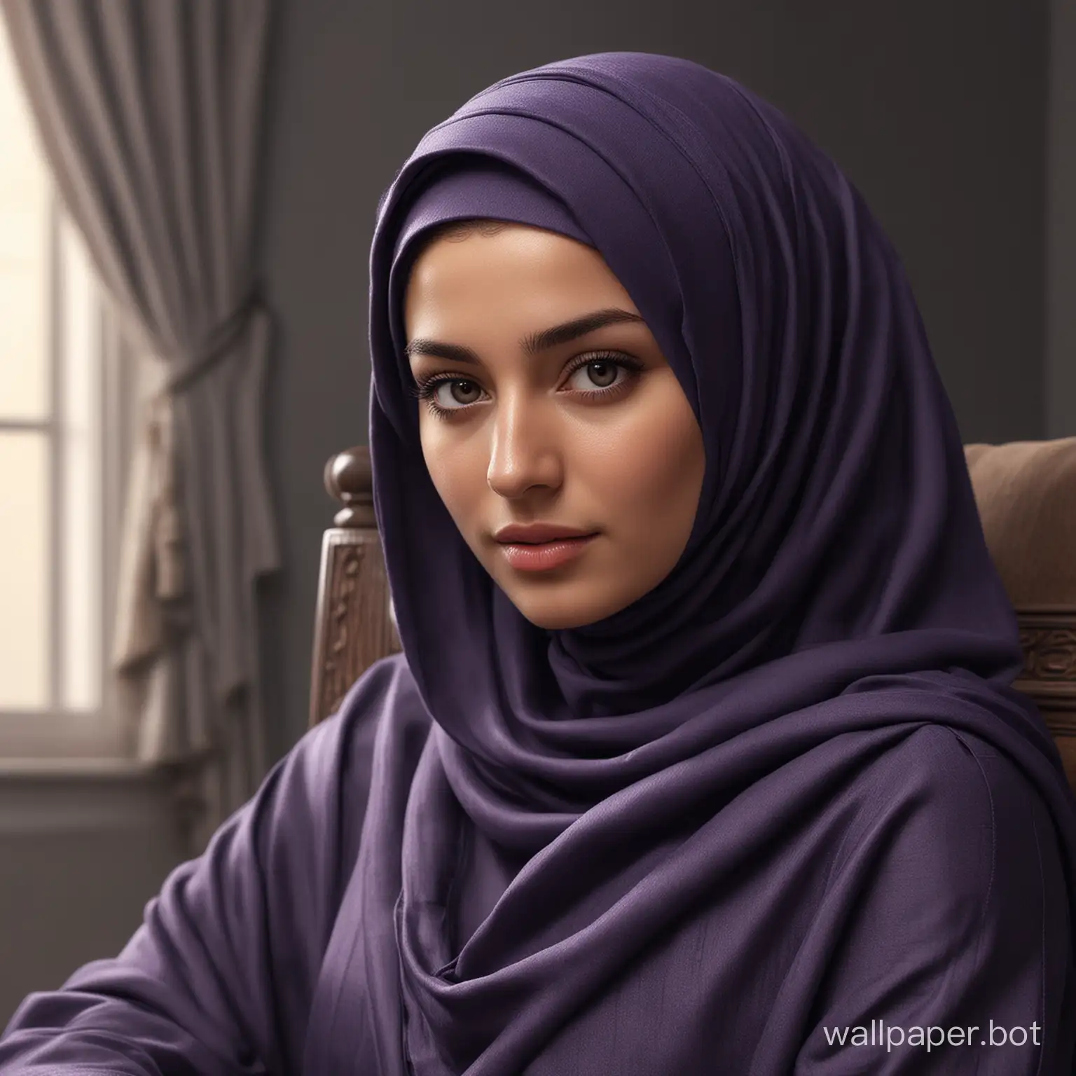 Imagine a scene of a 24-year-old girl wearing an abaya of dark purple color with her face covered in a hijab sitting on a chair. It is super realistic, hyper-realistic, a masterpiece, best quality, very aesthetic, long shot portrait of 1 girl, solo, grey eyes, detailed skin, looking at the viewer,