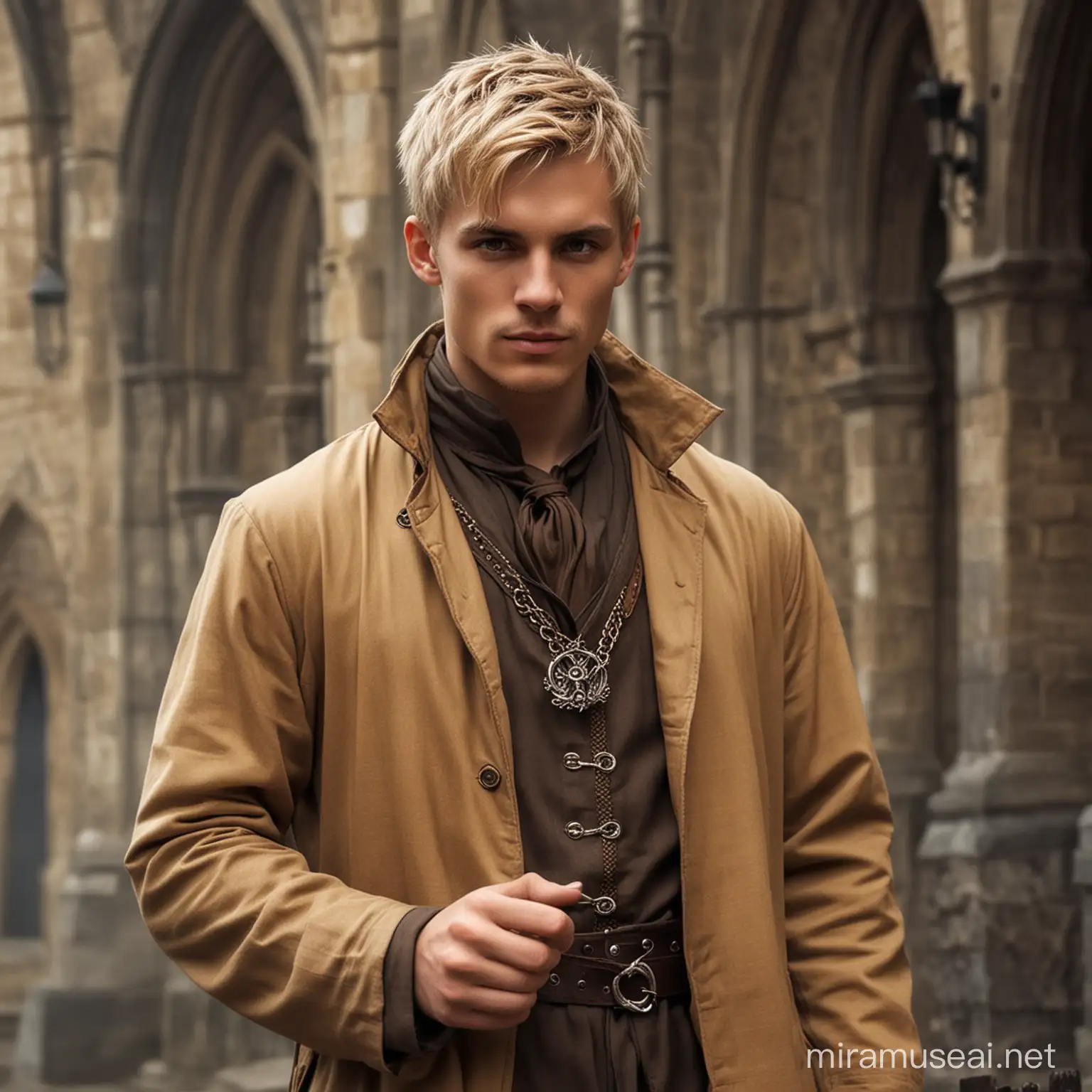 Medieval Setting. Gothic Style - almost punk like. A human male fire sorcerer. he is has light brown/blond coloured short hair and wears a three piece tunic, tie and brown trenchcoat.