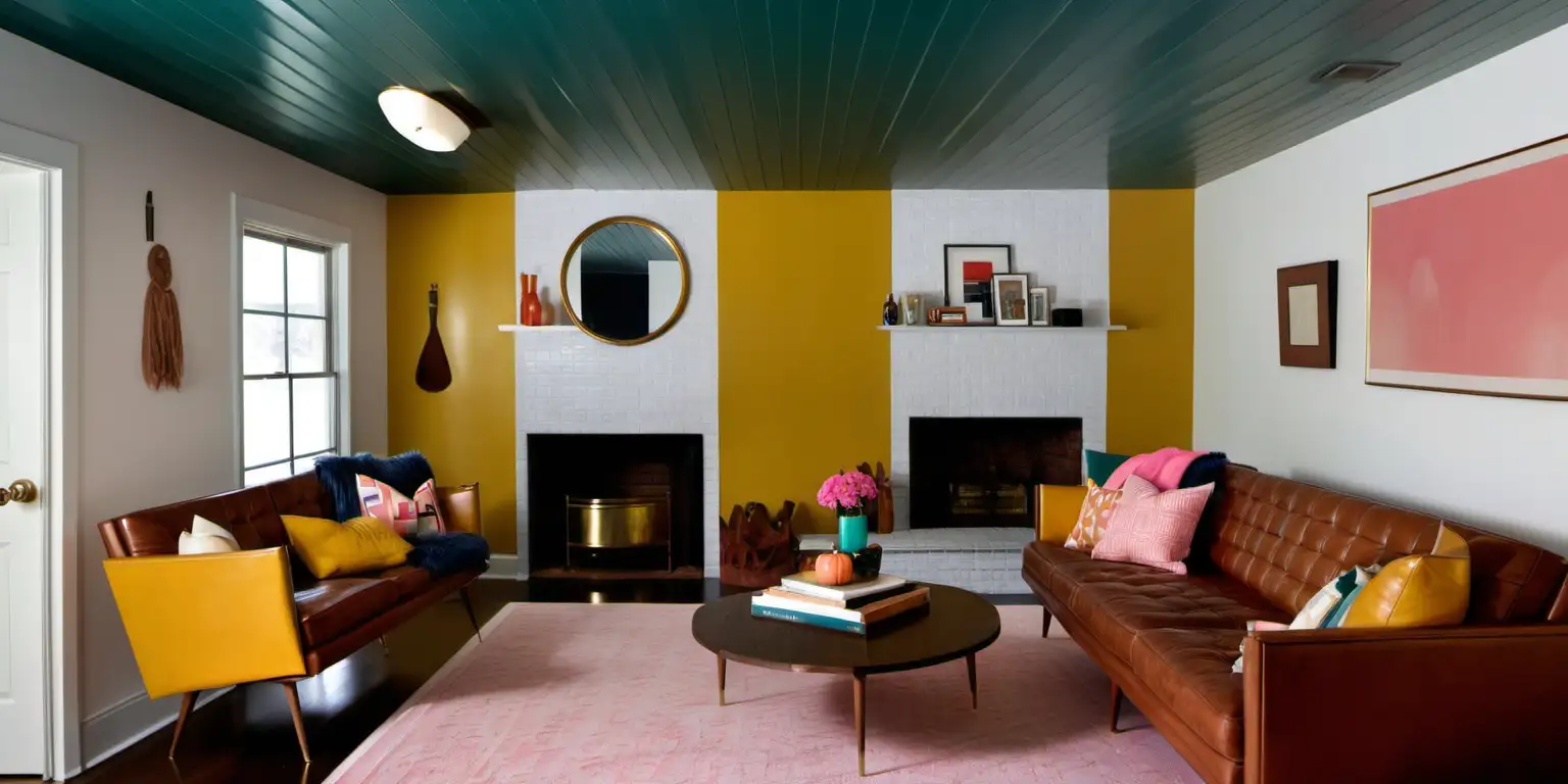 Basement, Deep teal ceiling, (mustard yellow fireplace), (brown leather sofa), white walls, mid-century modern, brass, pink and orange accents