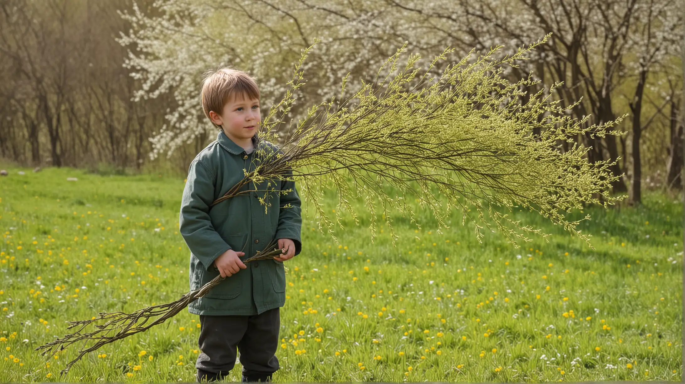 Young Boy Playing Near Willow Tree in Springtime