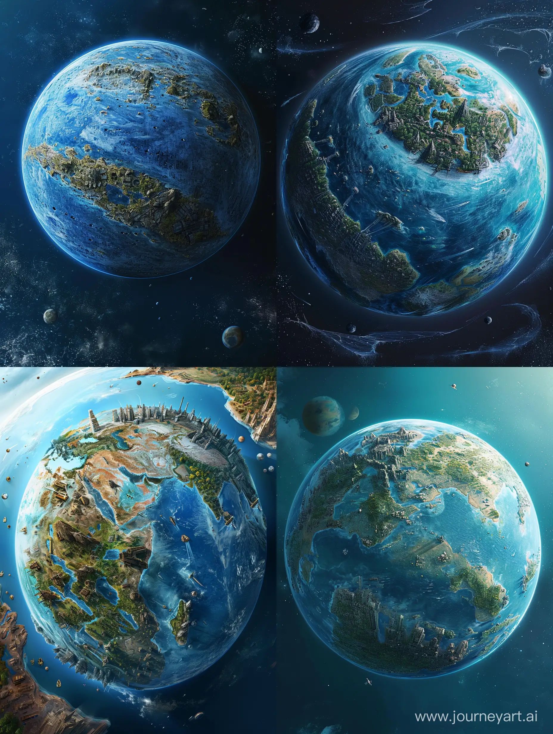 голубая планета, большая часть состоит из воды, на планете суша похожая на длинную толстую полосу, вокруг много островов, на планете много рек, озер, гор, леса, пустыни и ледники, на планете видны остатки старых построений и городов.