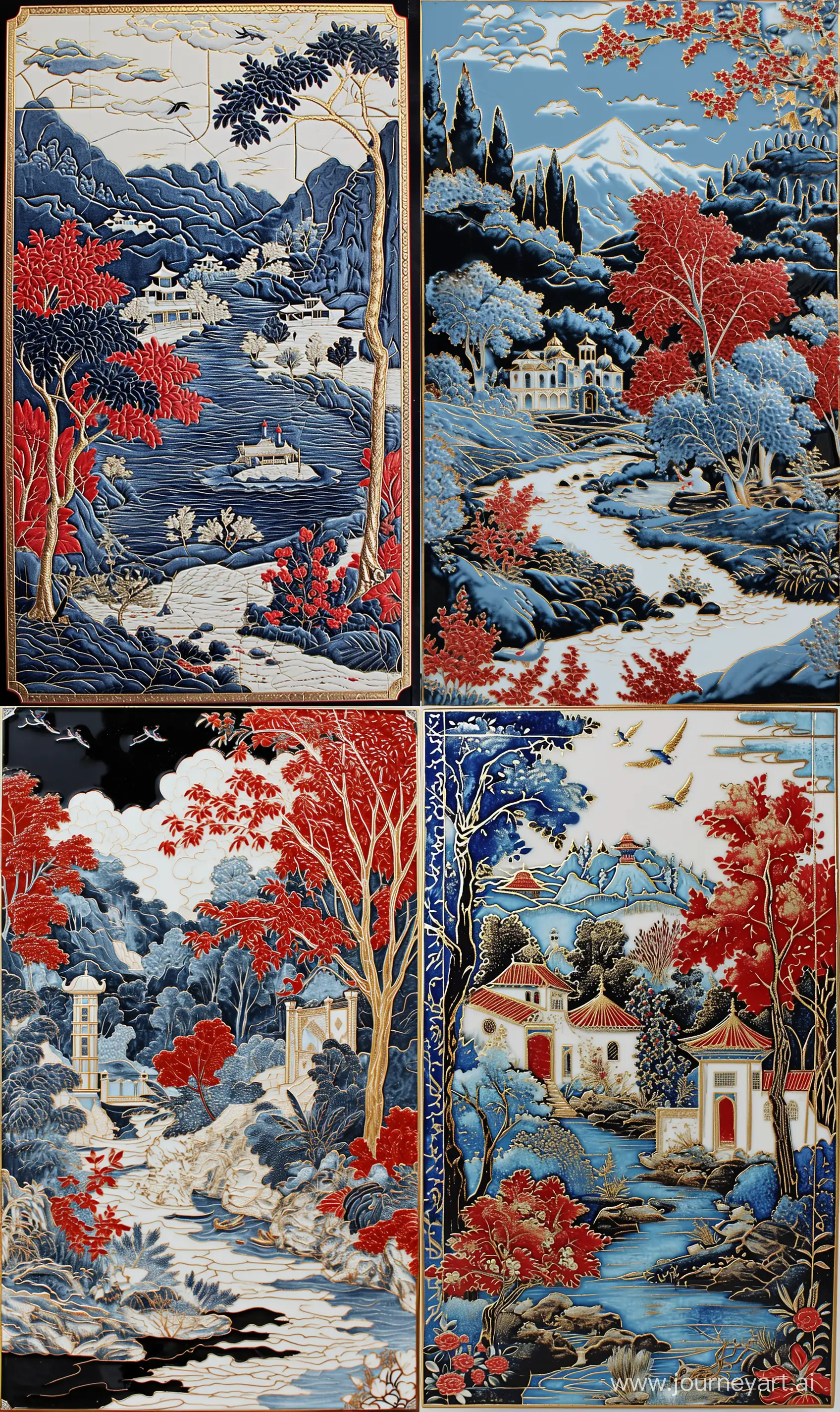 Blue red white black "Persian miniature painting" style scenery embossed on Porcelain panel, 3D embossing, shiny gold outlines --ar 3:5 --v 6