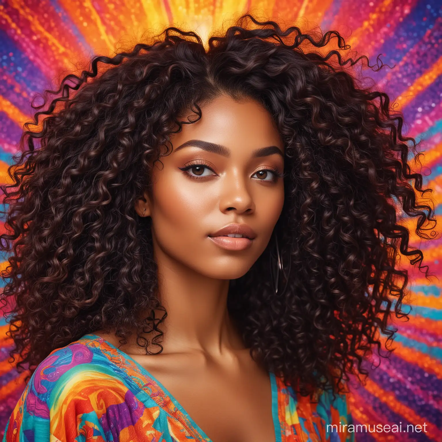 beautiful black woman with curly long hair in a psychedelic colorful background