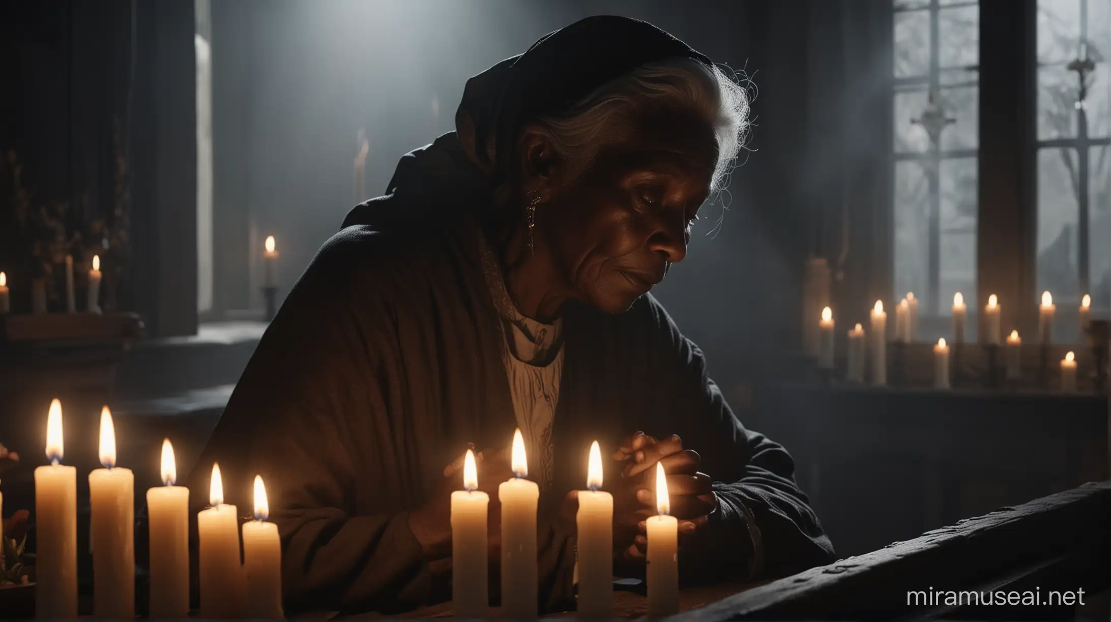 an old woman with black skin praying in a small simple church, with an altar full of candles, a dark environment, sunlight coming through the window, reflecting on the old woman, 8k realistic perfect.