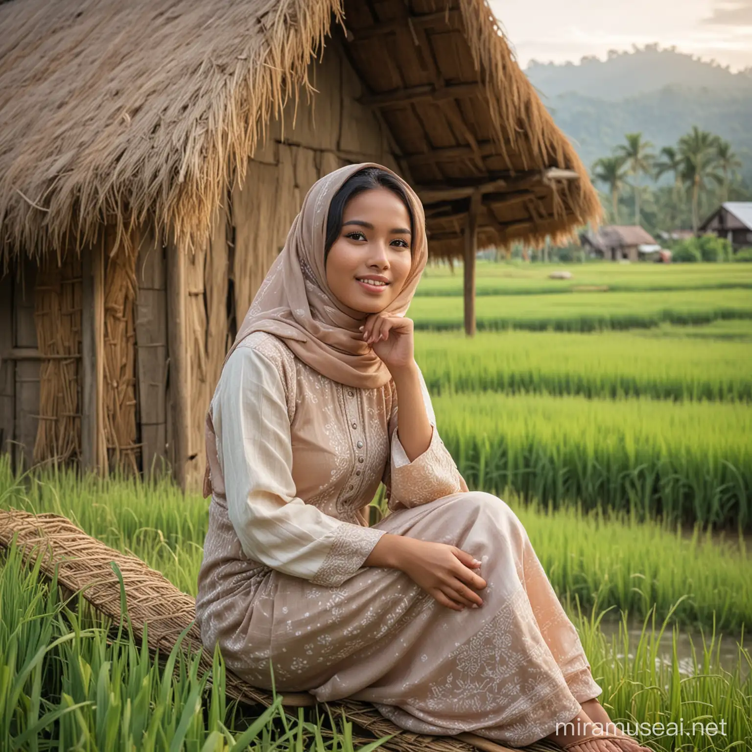 seorang wanita indonesia cantik memakai busana gadis pedesaan dan hijab sedang duduk di gubuk tepi sawah berkhayal dan mimpi bertemu keluarga di kampung.
