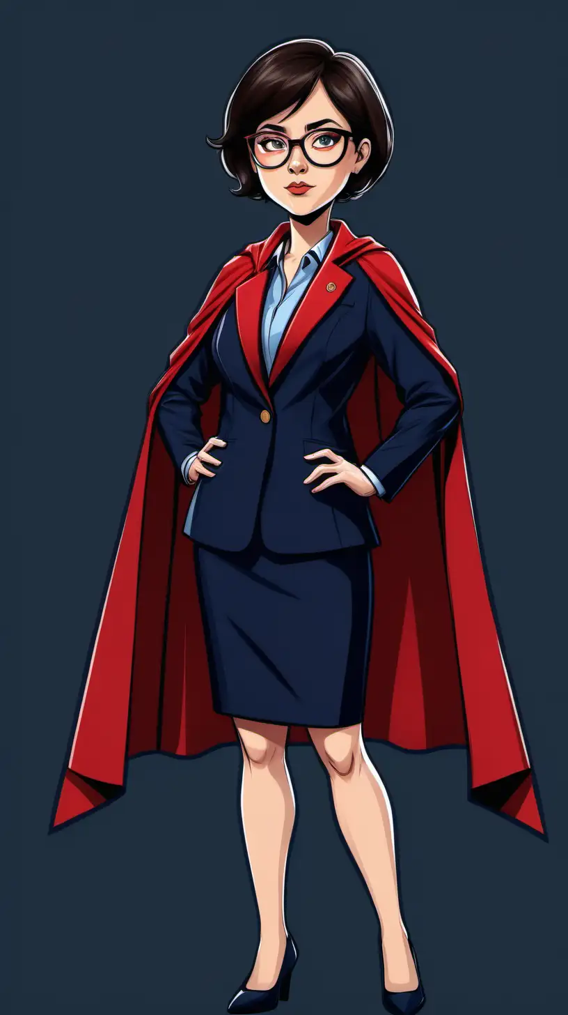 transparent background, cartoon like, professional woman with dark brown, short hair, wearing glasses and a navy blazer with red hero cape with a neutral expression looking straight 