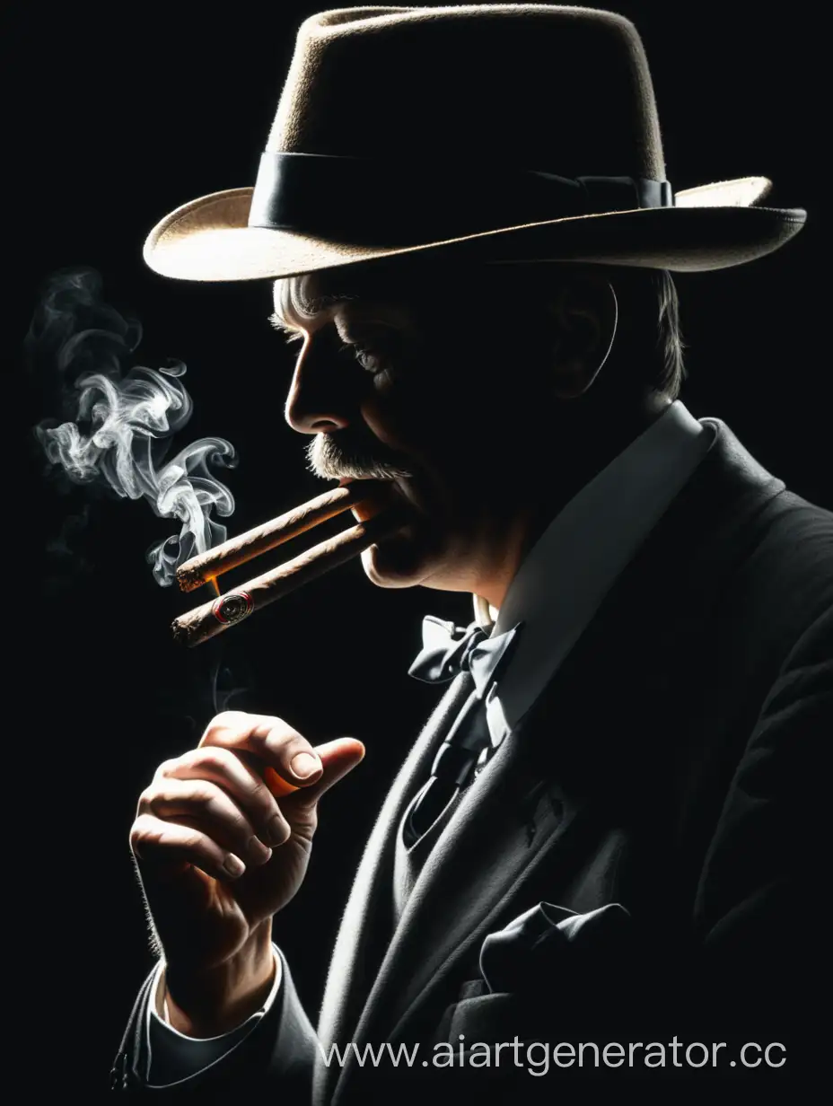 Джентльмен в шляпе курит сигару на темном фоне со скрытым лицом