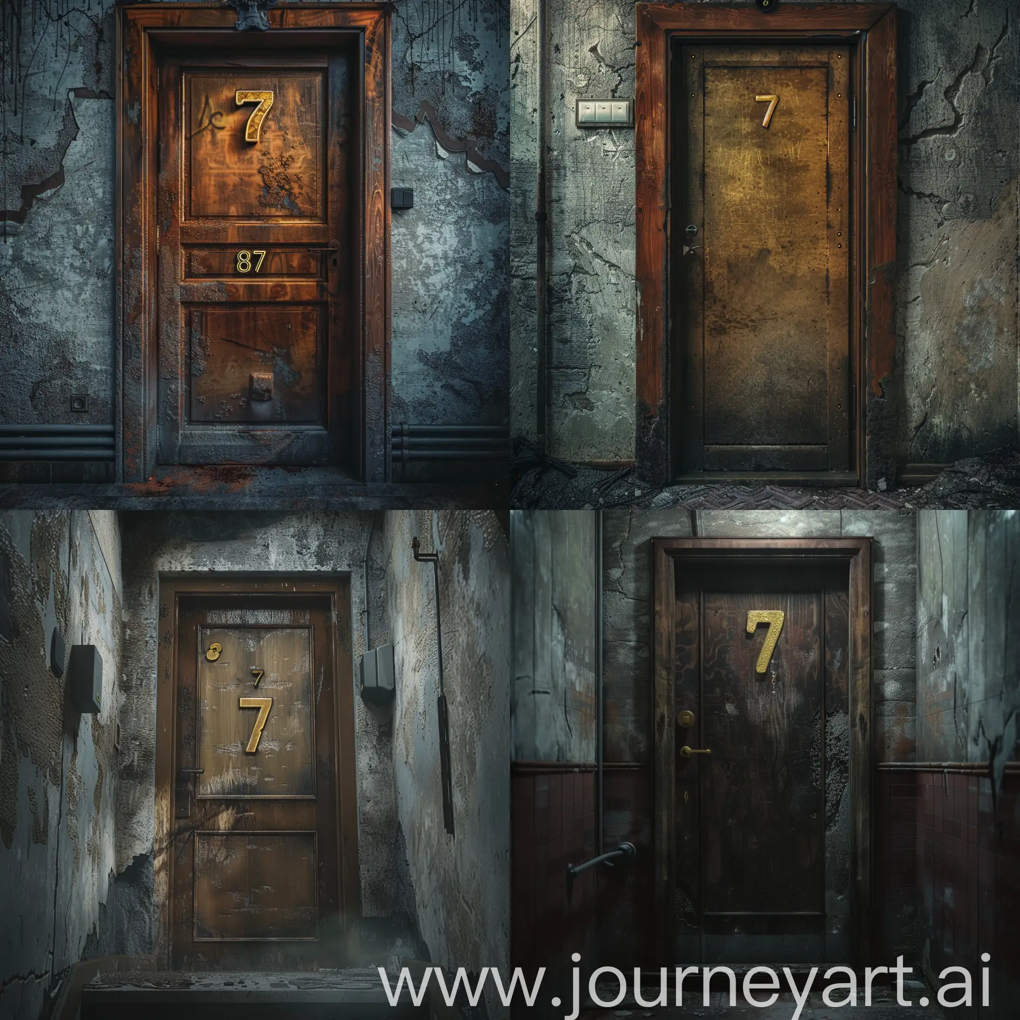 Eerie-Abandoned-Apartment-with-Golden-7-Door-HyperRealistic-8K-Image