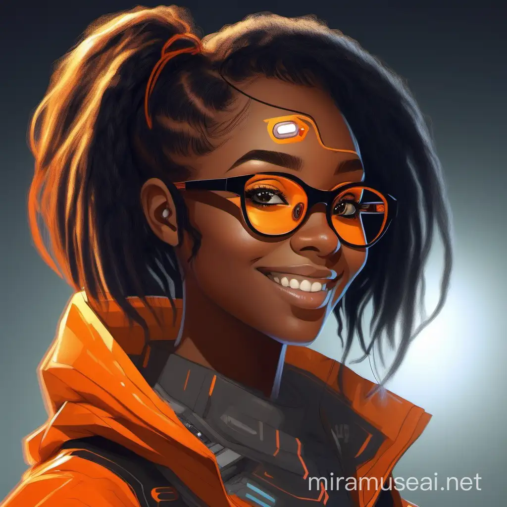 sci-fi side portrait of an ebony girl with grey eyes, shoulder length black loose hair, bushy hair in the back, bright orange bangs, facial wire, smiling, beatiful look, rimless small glasses