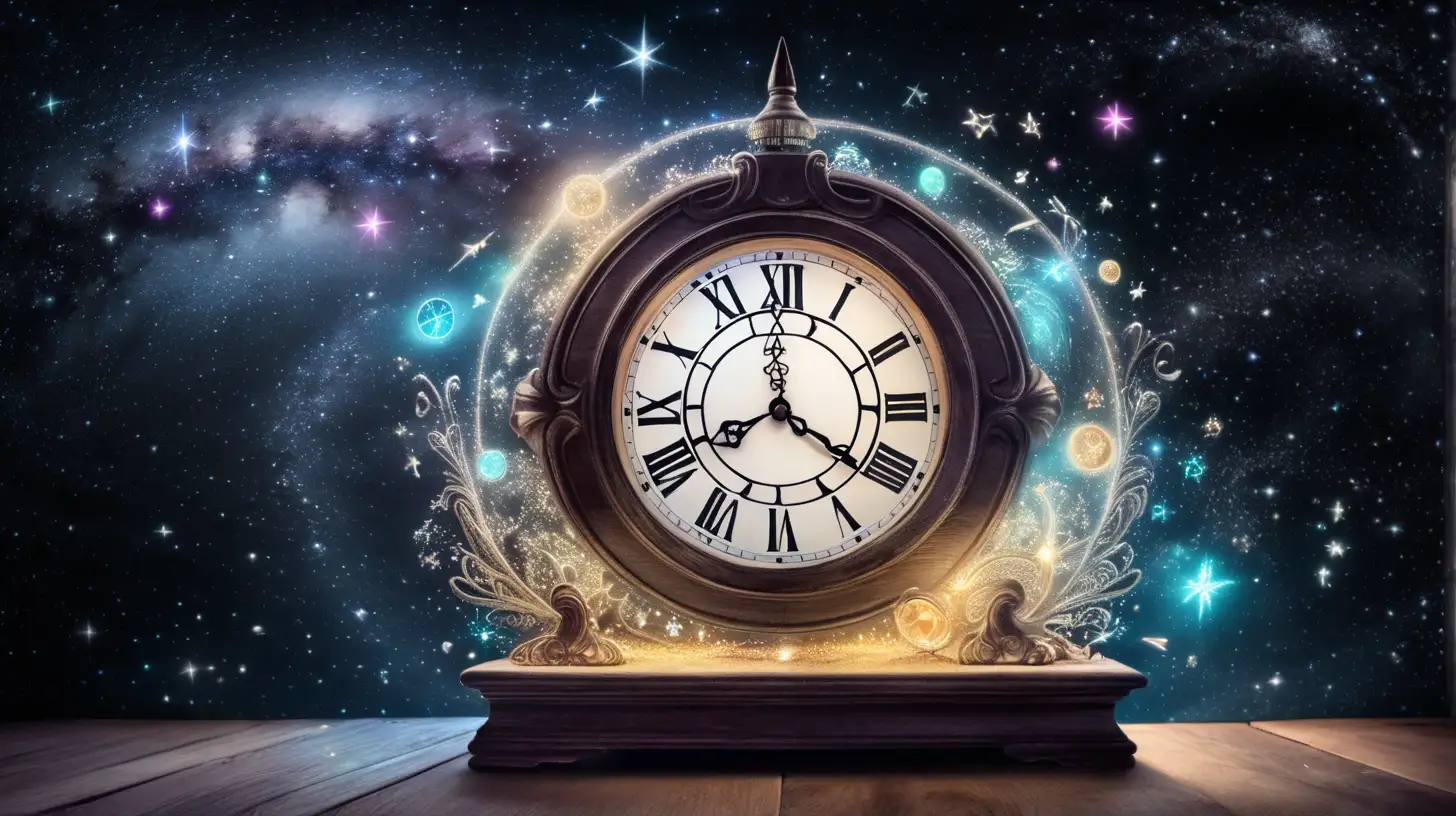 a glowing magical clock galaxy and stars inside of it with magical-fairytale chalk board as a YouTube banner