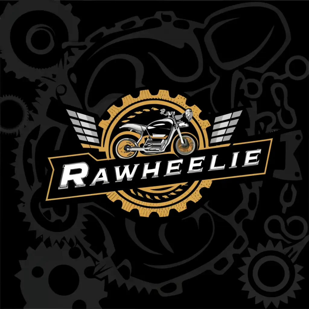 a logo design,with the text "RAWheelie", main symbol:motorcycle, motorcycle gear,complex, include a moto, clear background